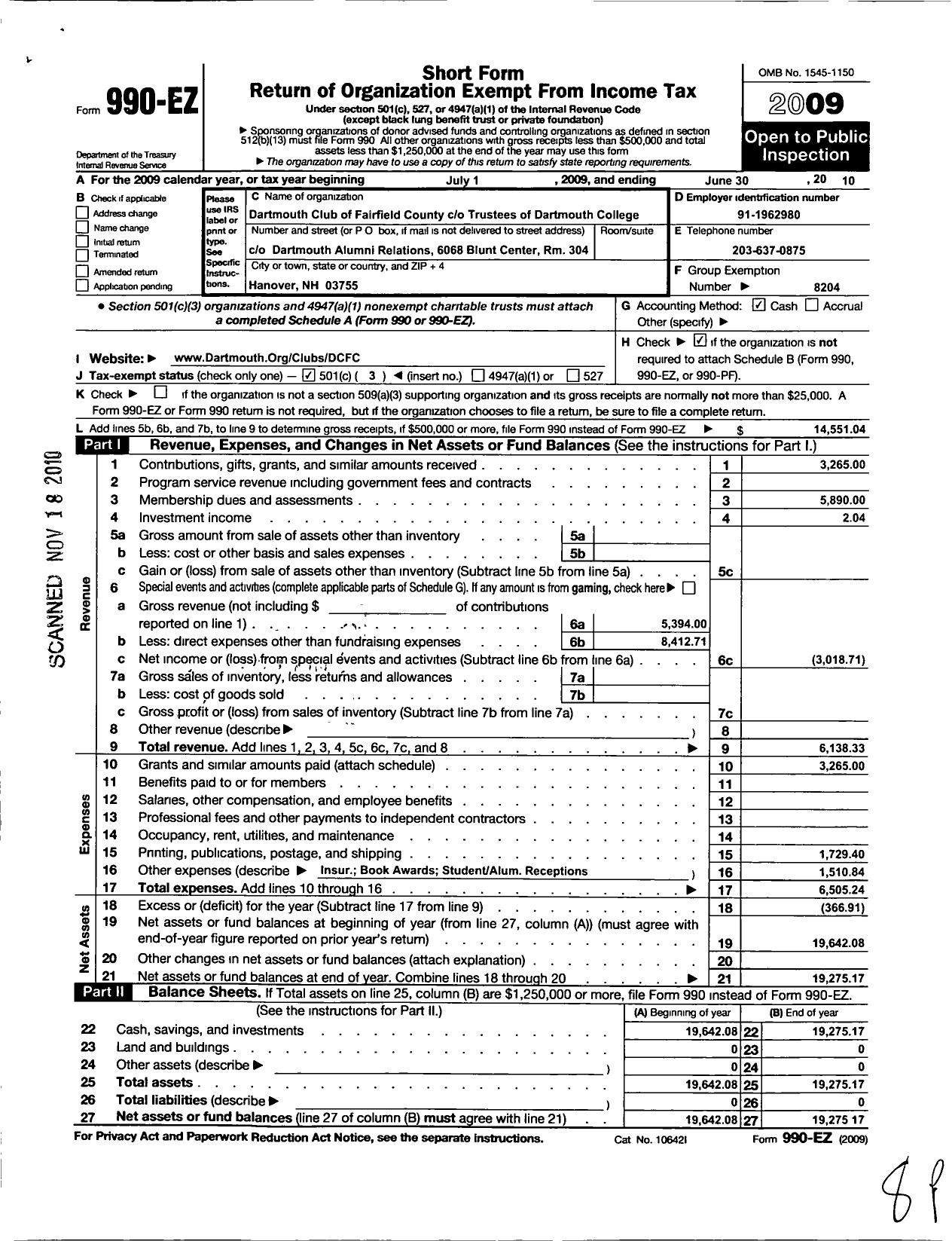 Image of first page of 2009 Form 990EZ for Trustees of Dartmouth College / Dartmouth Club of Fairfield County