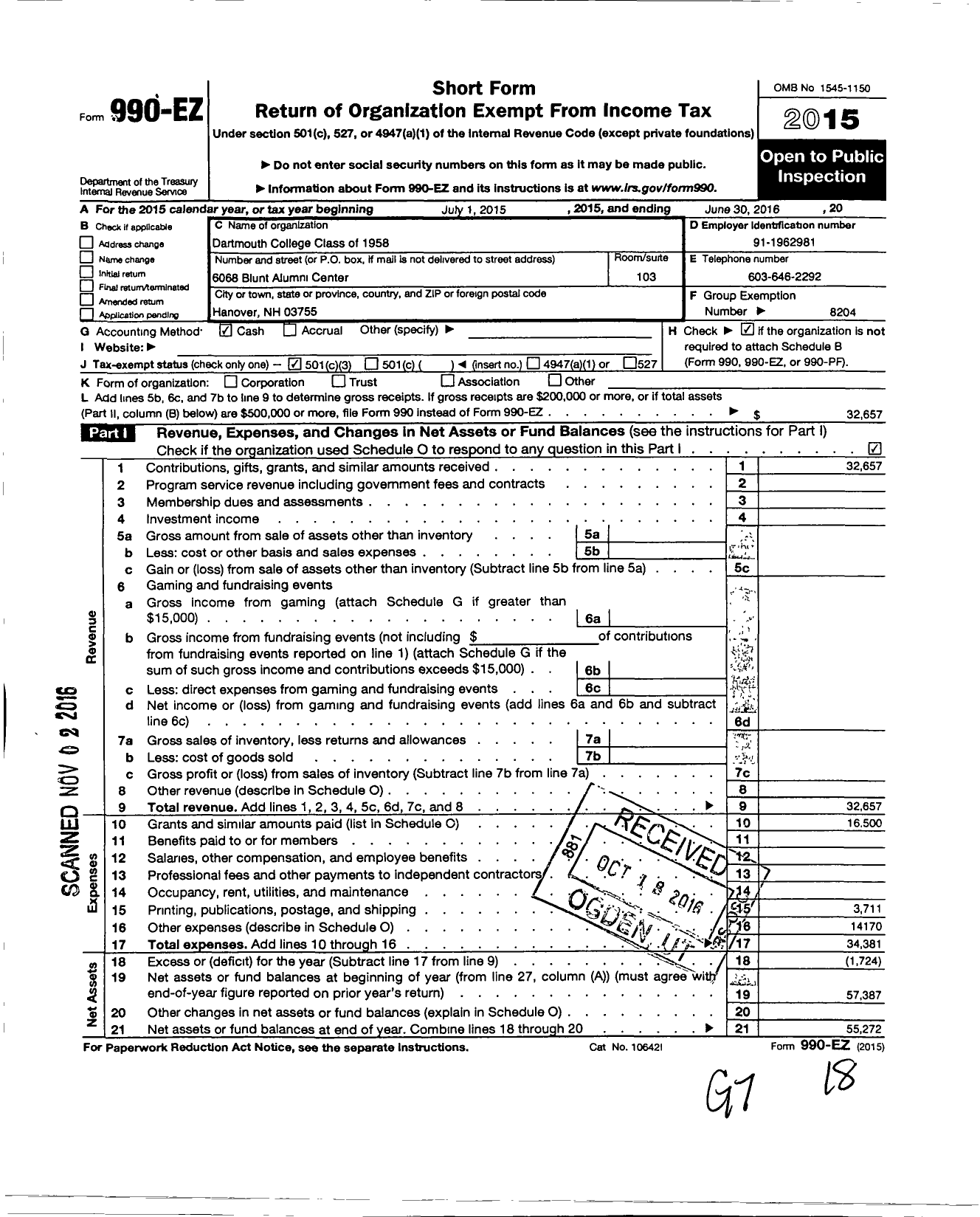 Image of first page of 2015 Form 990EZ for Trustees of Dartmouth College - 1958 Dartmouth College Class