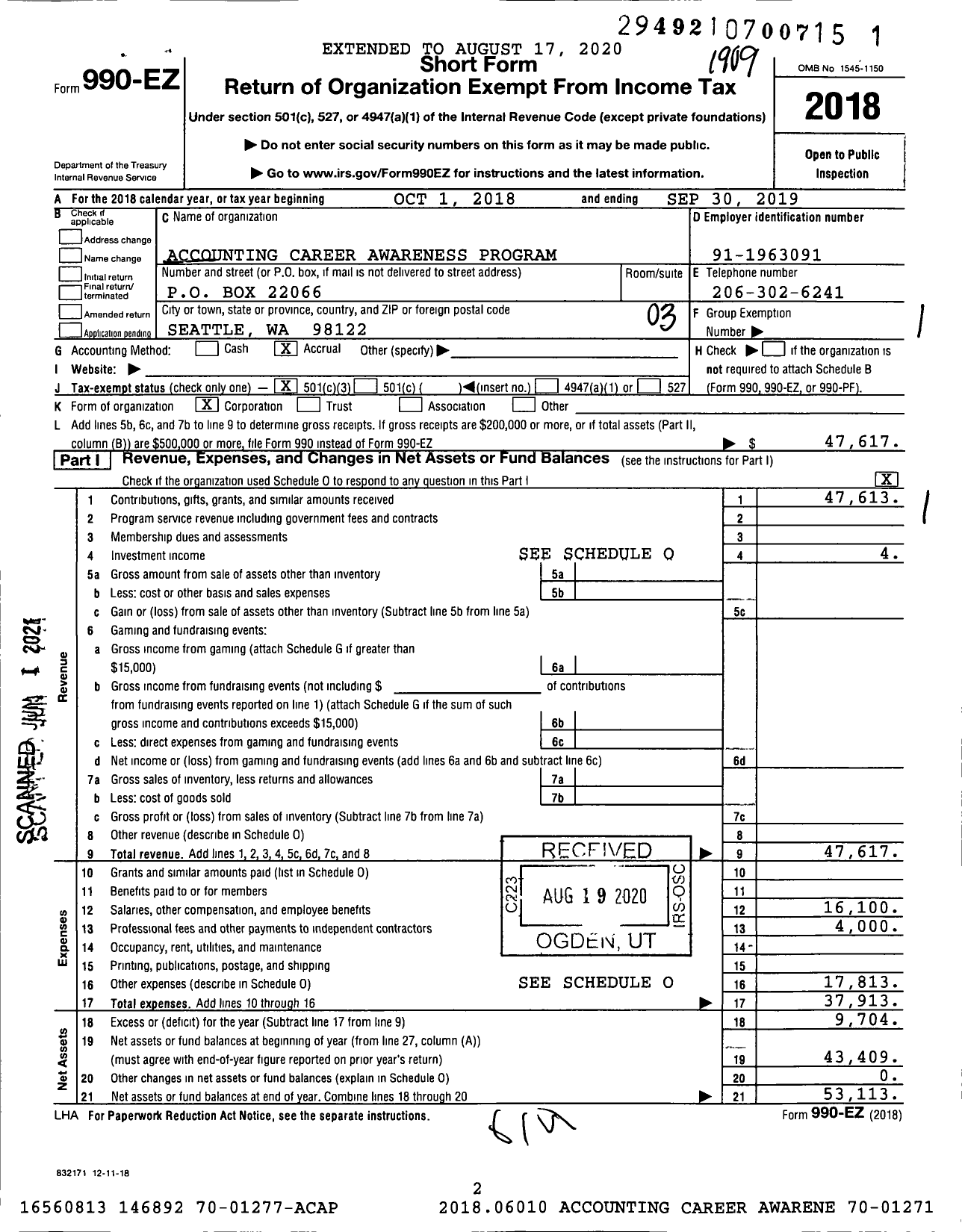 Image of first page of 2019 Form 990EZ for Accounting Career Awareness Program