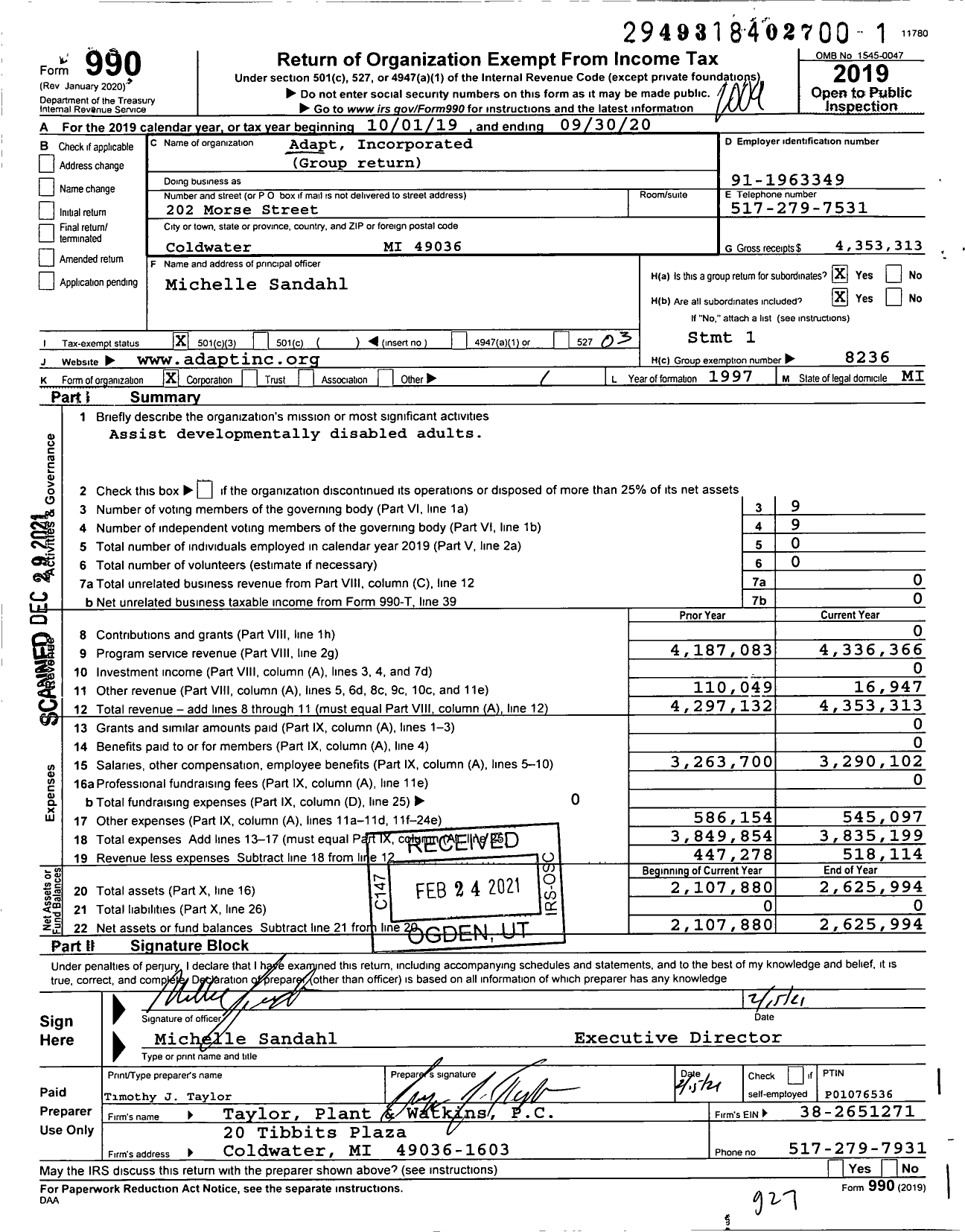 Image of first page of 2019 Form 990 for Adapt Incorporated