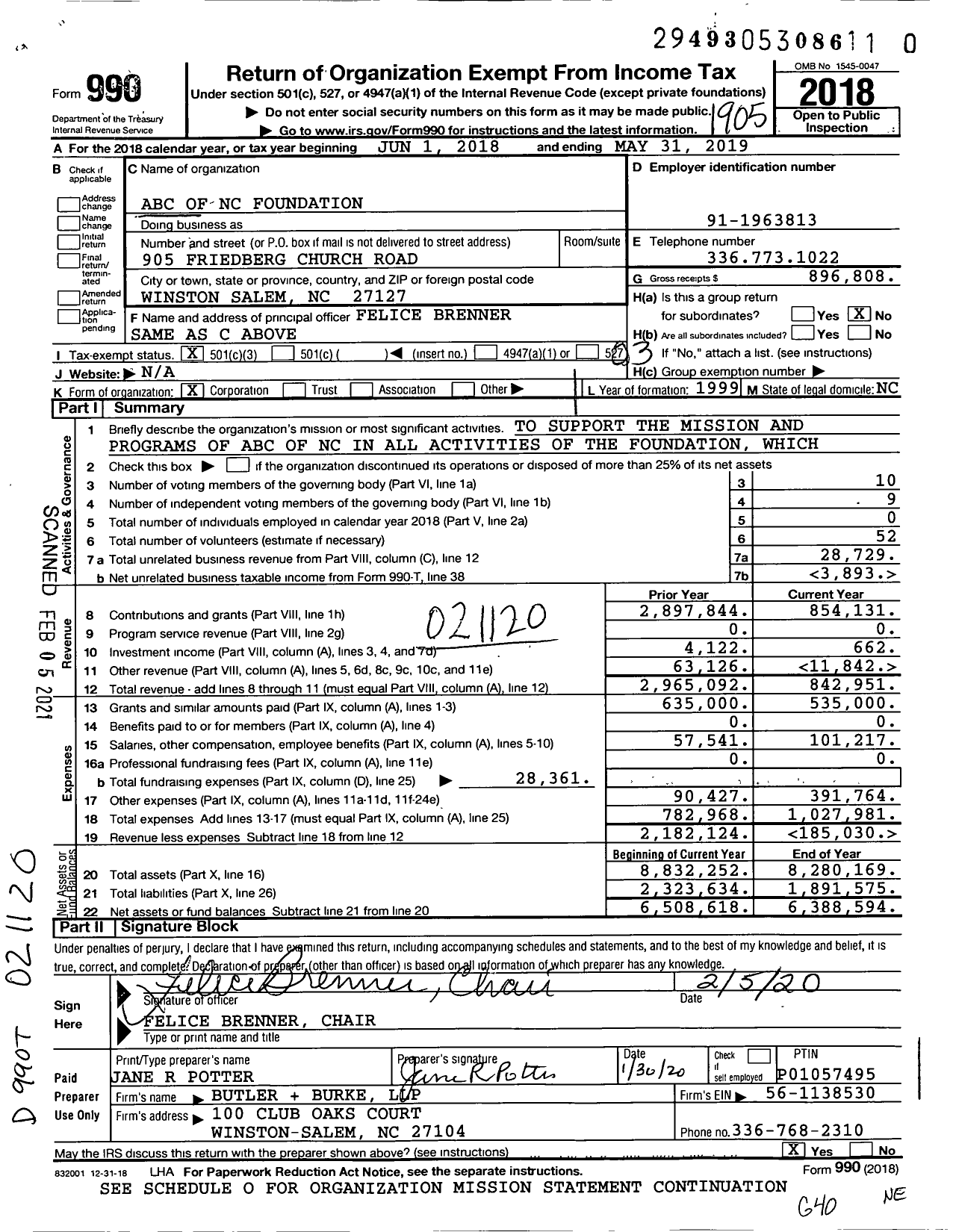 Image of first page of 2018 Form 990 for Abc of NC Foundation