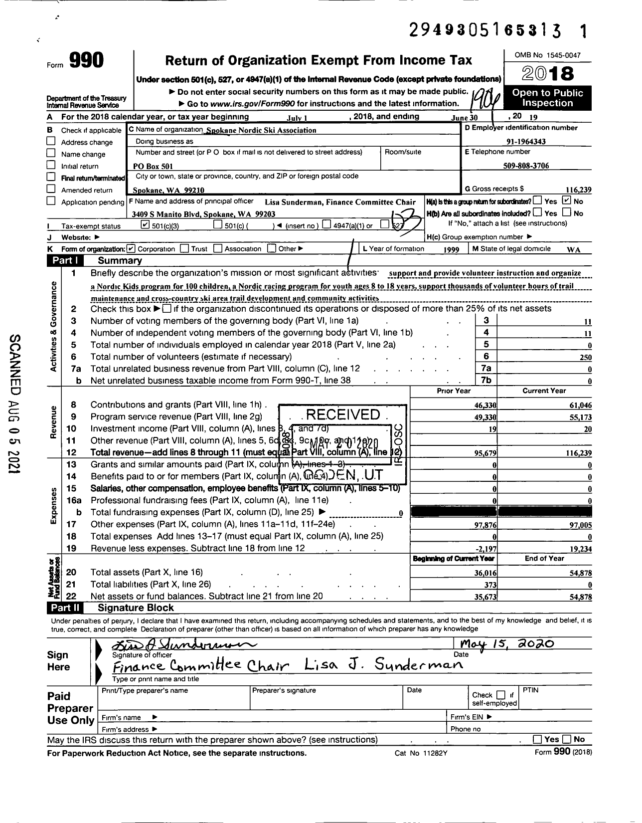 Image of first page of 2018 Form 990 for Spokane Nordic Ski Association