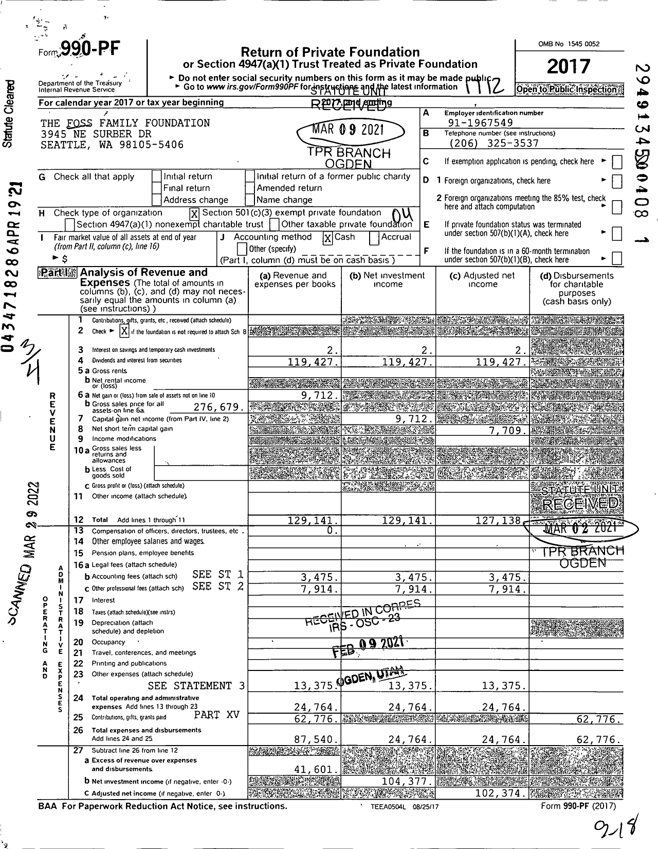 Image of first page of 2017 Form 990PF for The Foss Family Foundation