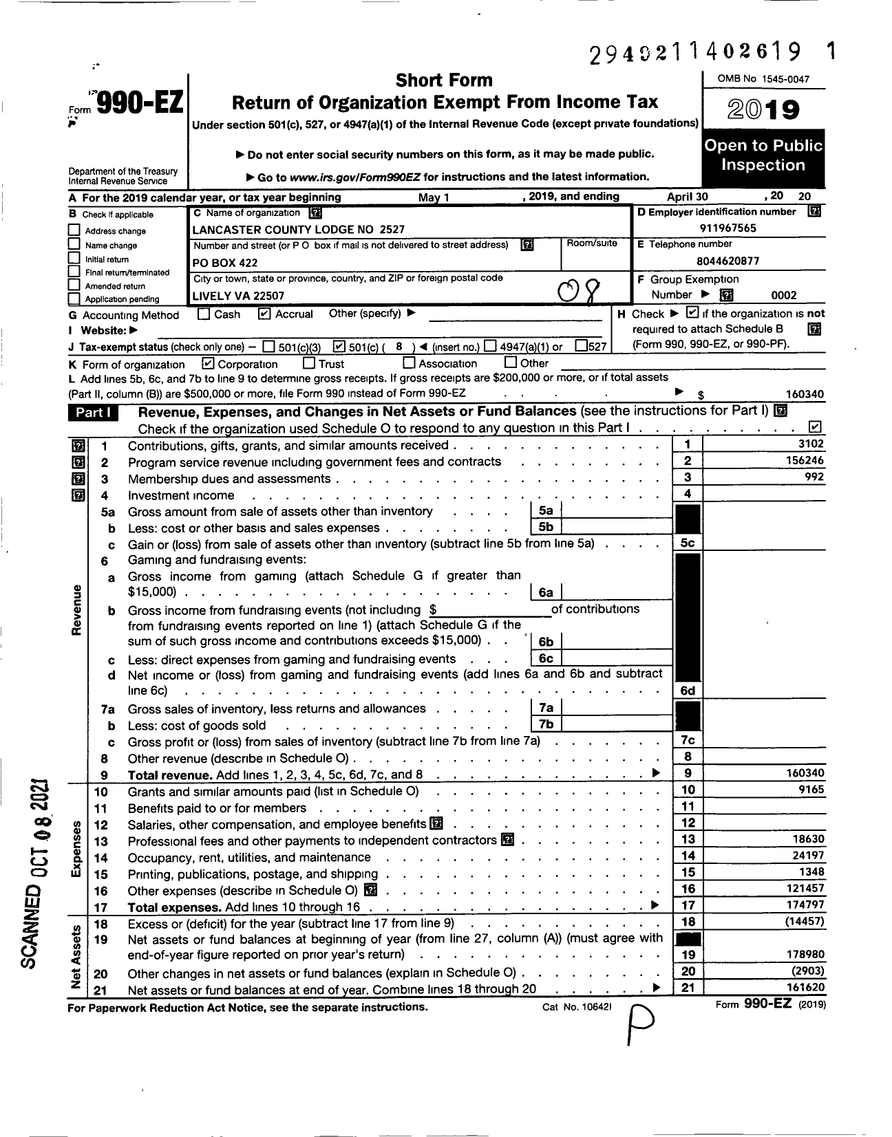 Image of first page of 2019 Form 990EO for Loyal Order of Moose - 2527