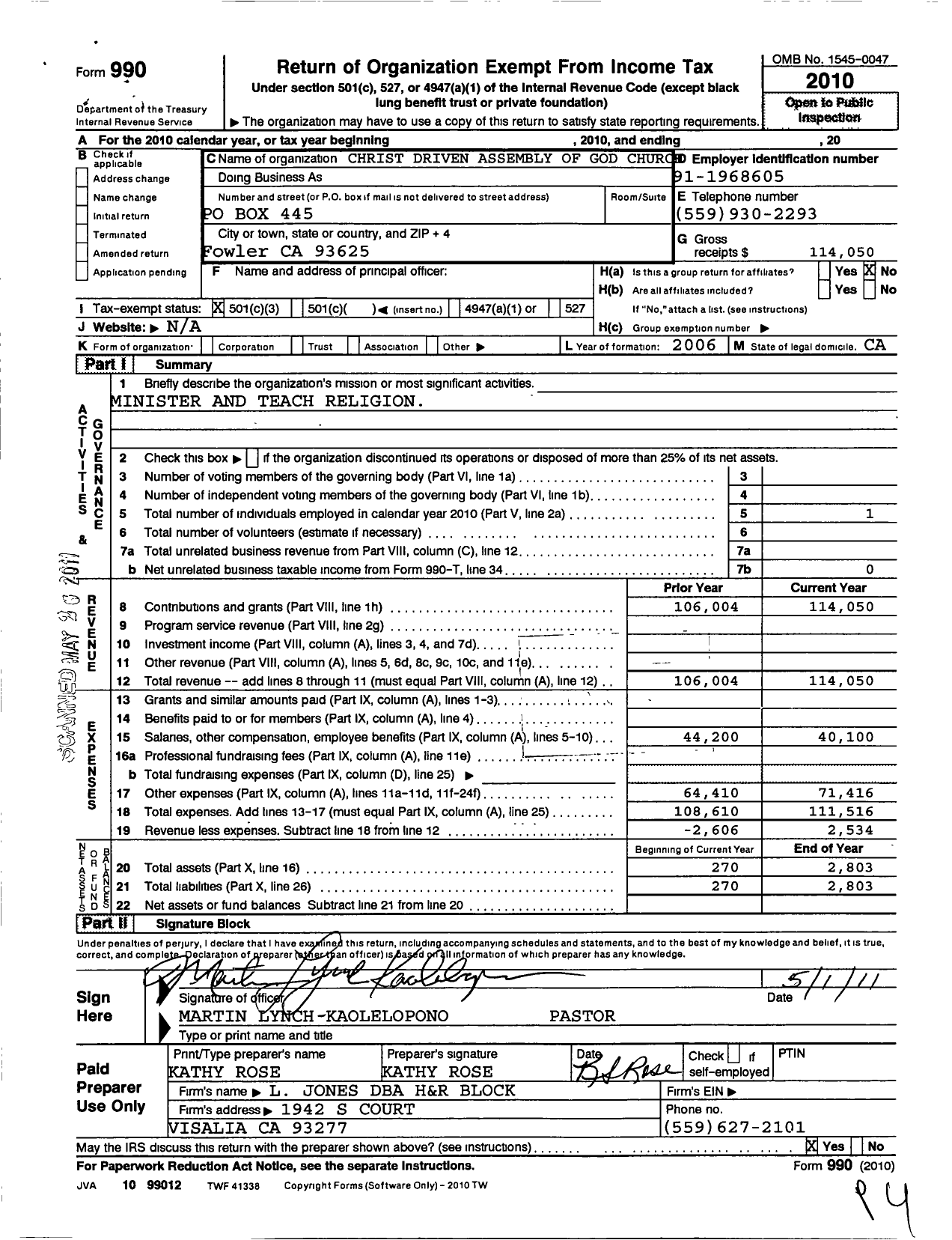 Image of first page of 2010 Form 990 for Christ Driven Assembly of God Church