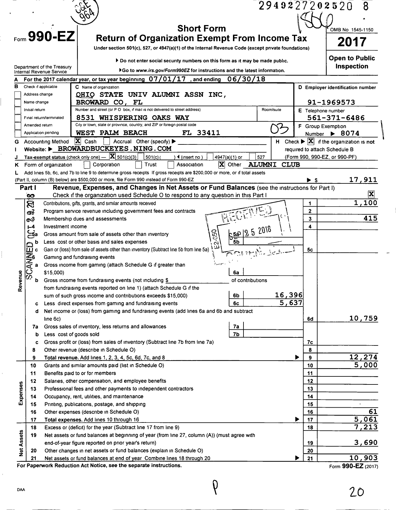 Image of first page of 2017 Form 990EZ for Ohio State Univ Alumni Association Broward FL