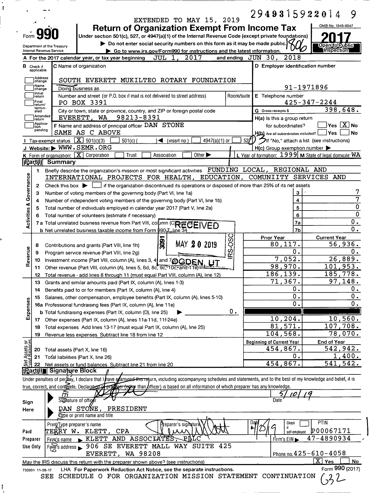 Image of first page of 2017 Form 990 for South Everett Mukilteo Rotary Foundation