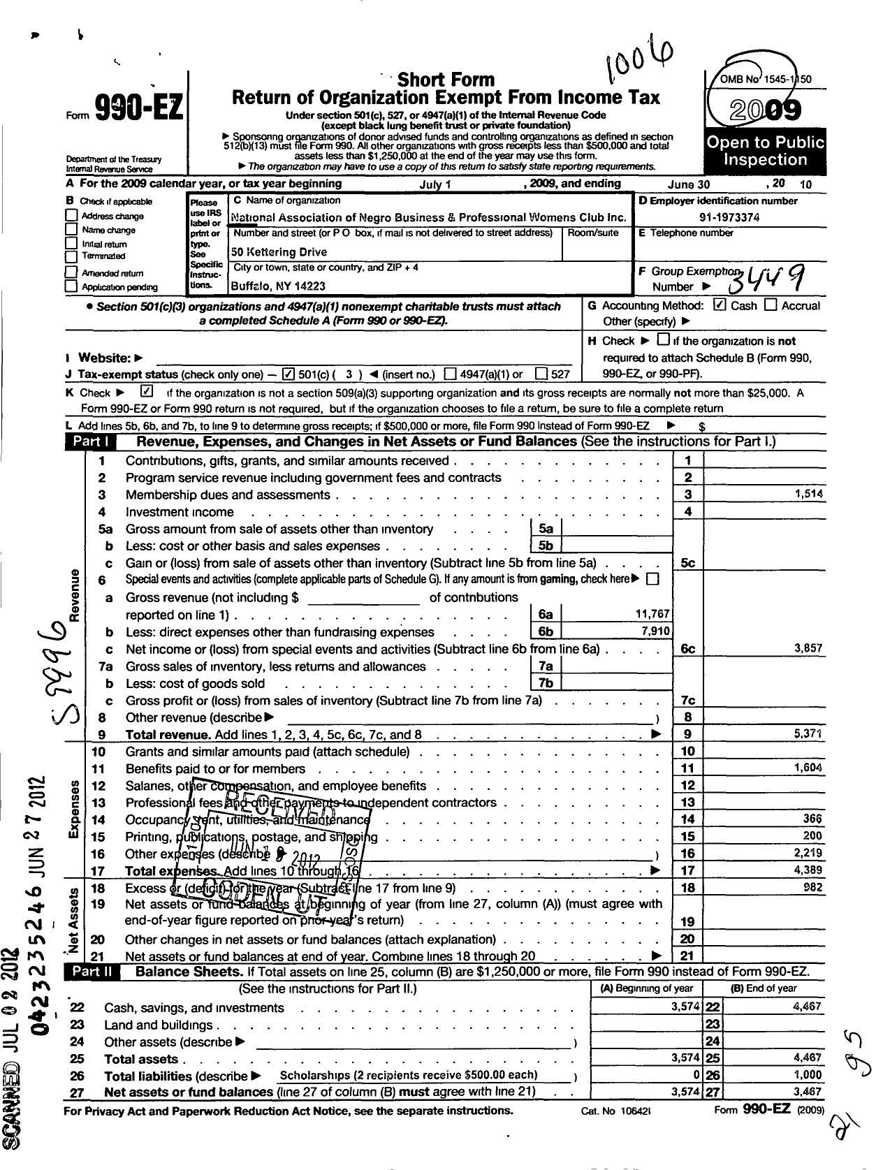 Image of first page of 2009 Form 990EZ for National Association of Negro Business and Professional Womens C / Buffalo Club Nanbpwc Inc