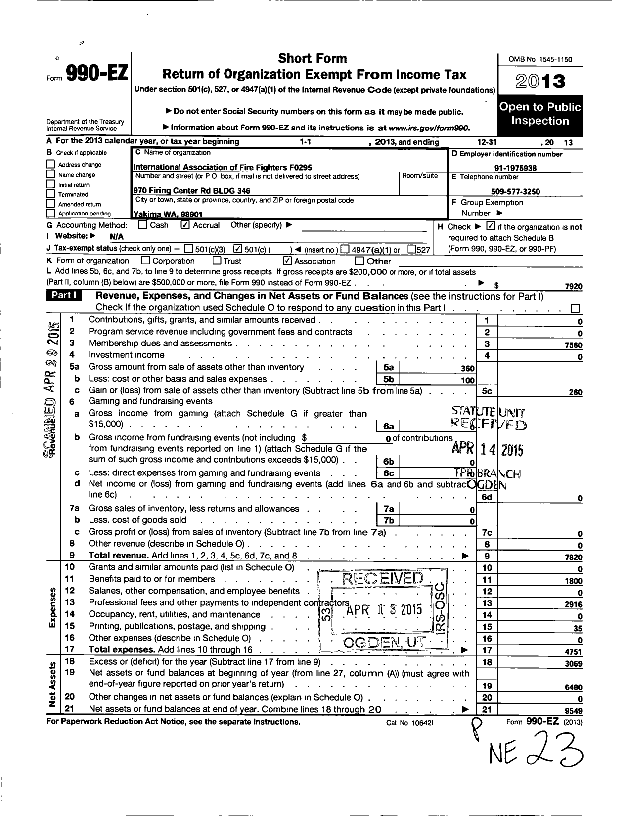 Image of first page of 2013 Form 990EO for International Association of Fire Fighters - F0295 Yakima Training Center Fire D