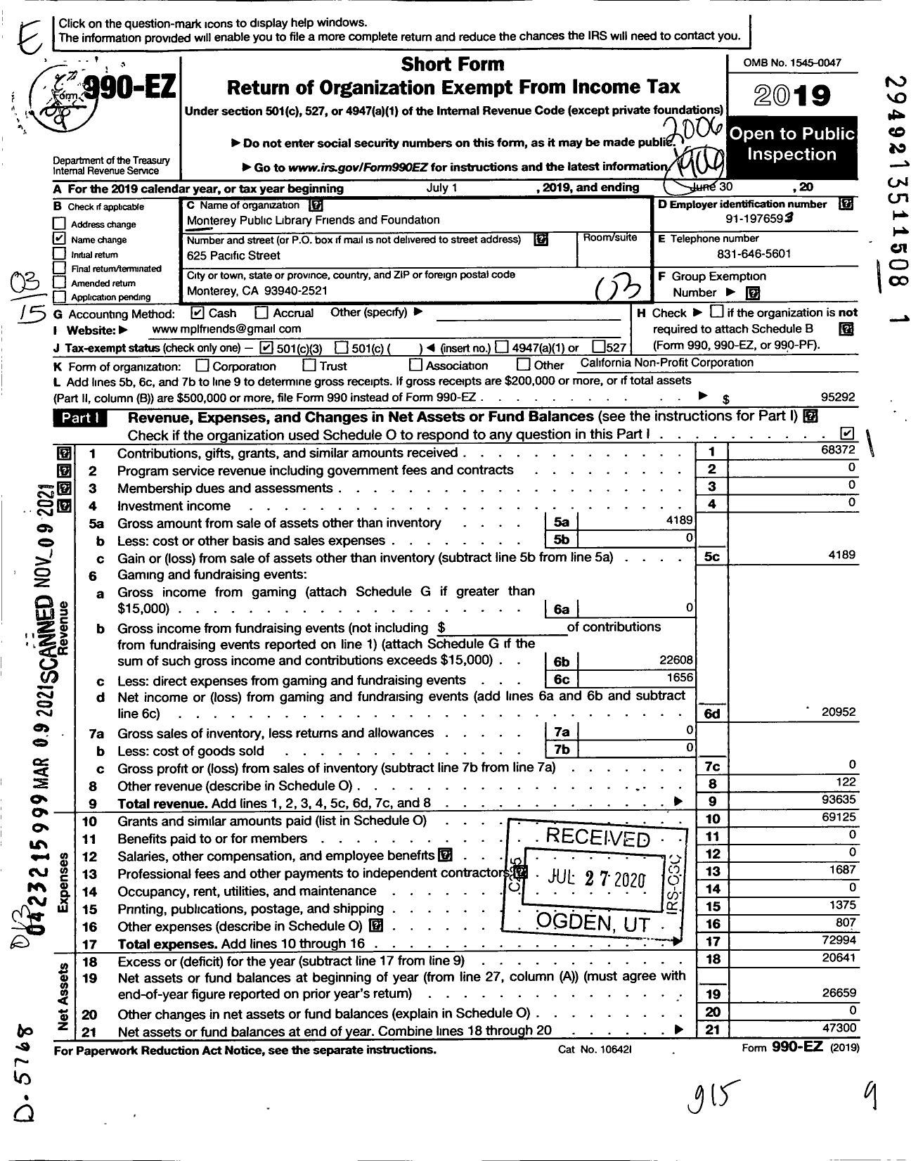 Image of first page of 2019 Form 990EZ for Monterey Public Library Friends and Foundation