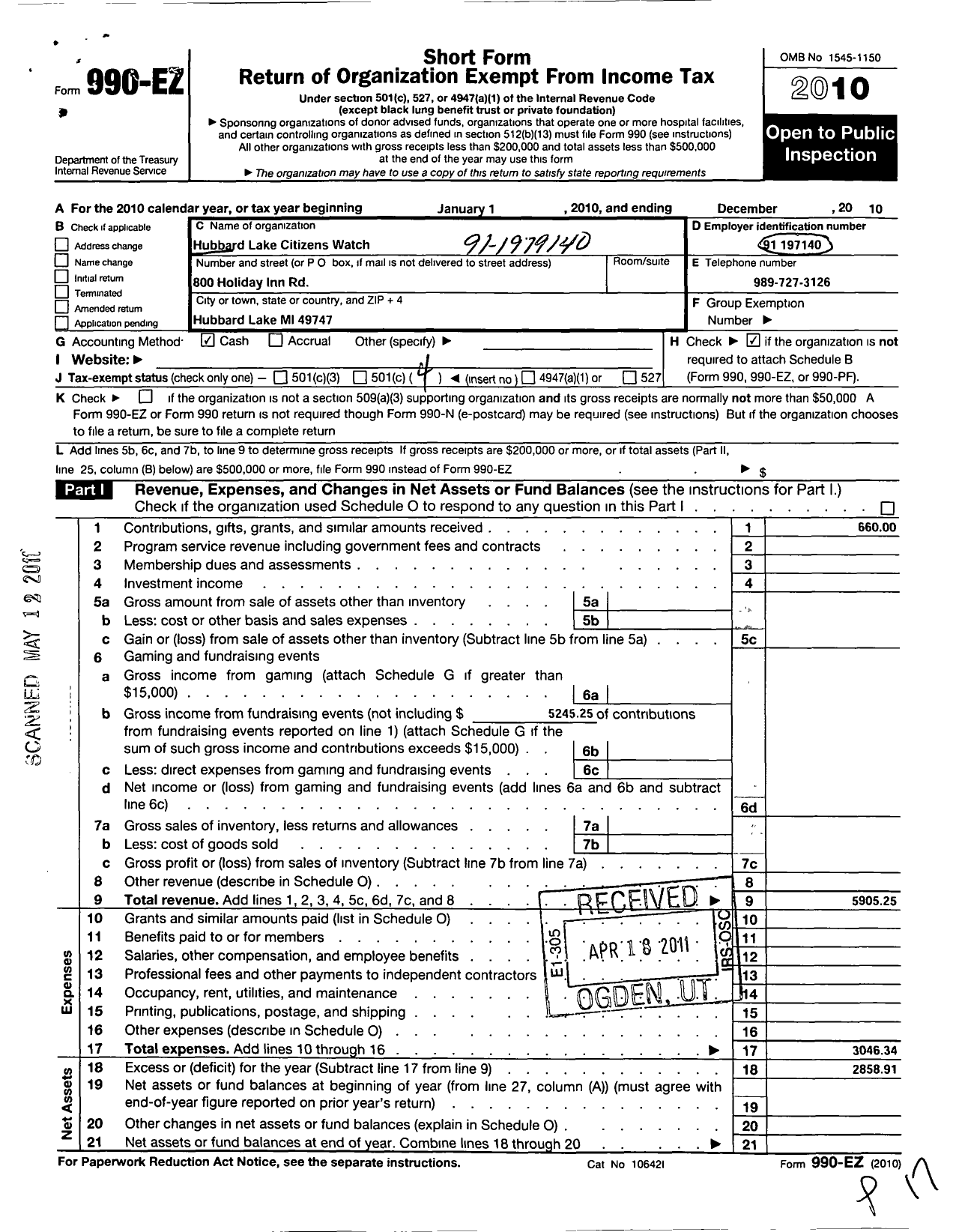 Image of first page of 2010 Form 990EO for Hubbard Lake Citizens Watch