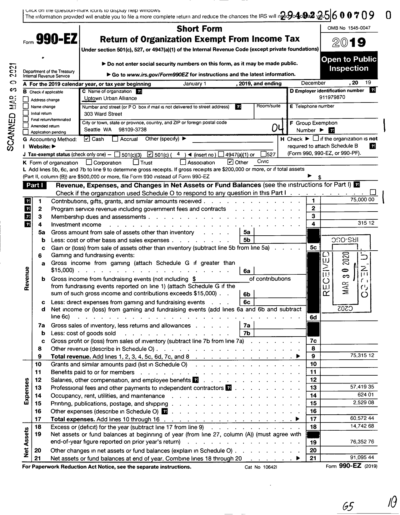 Image of first page of 2019 Form 990EO for Uptown Urban Alliance