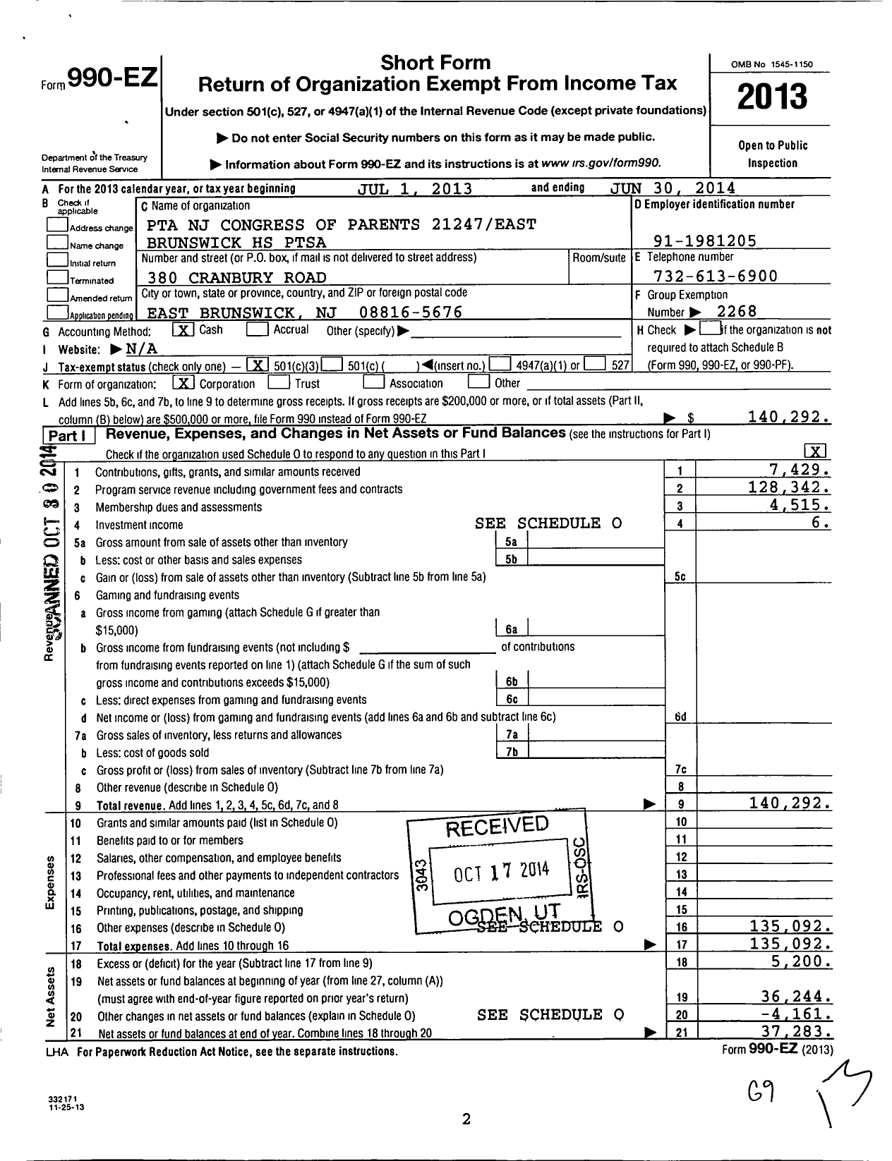 Image of first page of 2013 Form 990EZ for New Jersey PTA - 21247 East Brunswick HS Ptsa