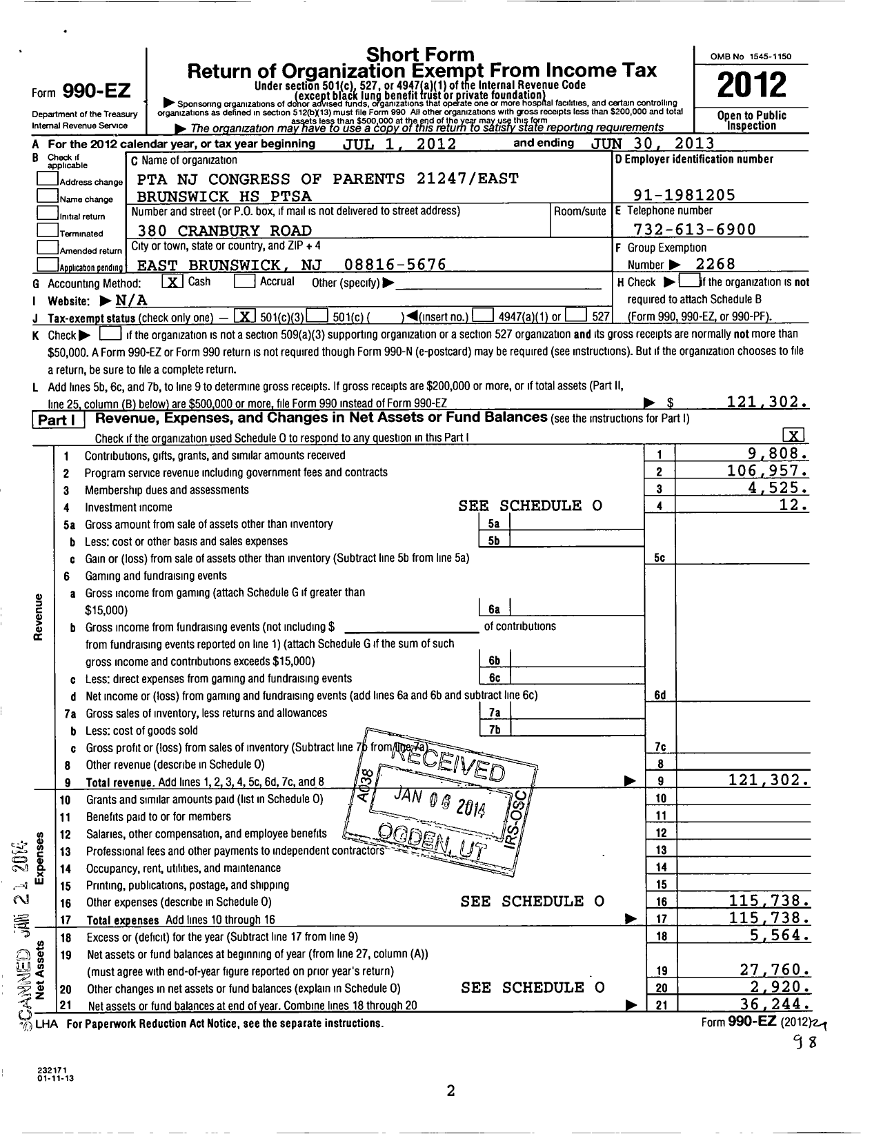 Image of first page of 2012 Form 990EZ for New Jersey PTA - 21247 East Brunswick HS Ptsa