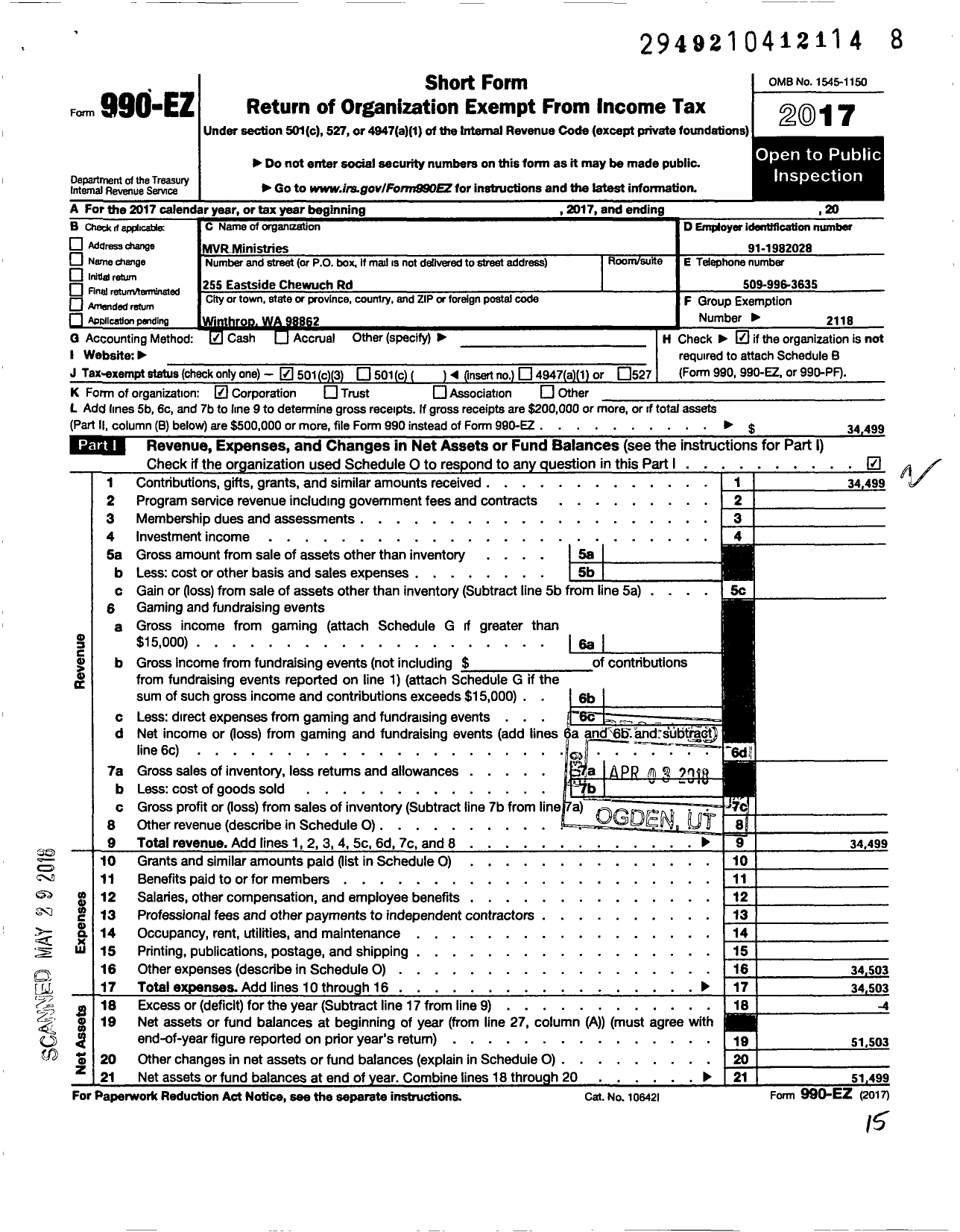 Image of first page of 2017 Form 990EZ for MVR Ministries