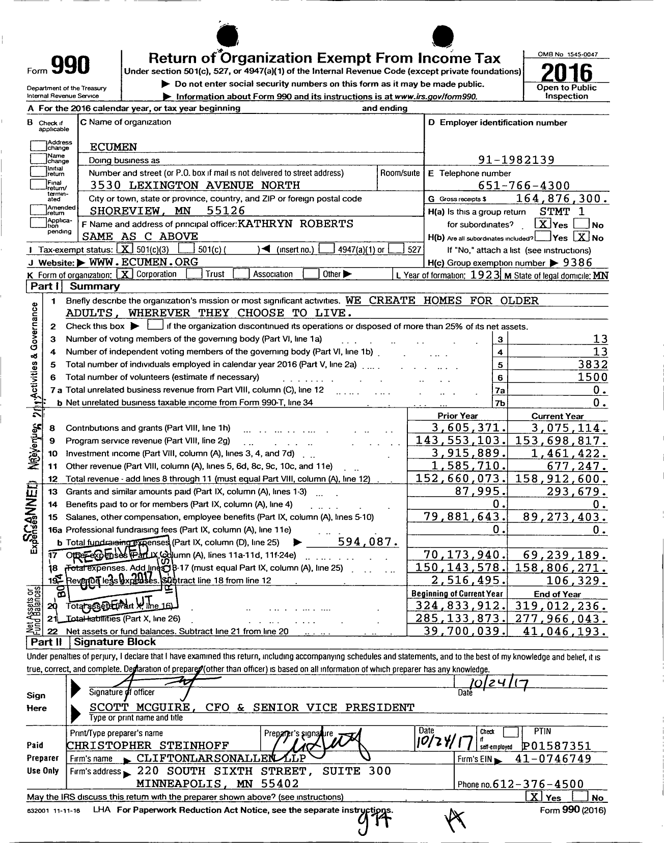 Image of first page of 2016 Form 990 for Ecumen / Group Return
