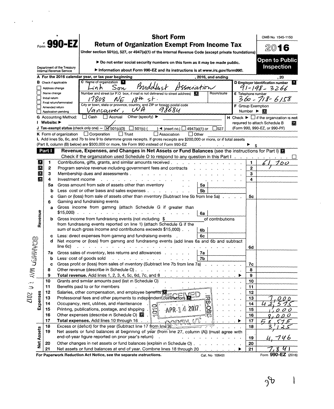 Image of first page of 2016 Form 990EZ for Linh Son Buddhist Association
