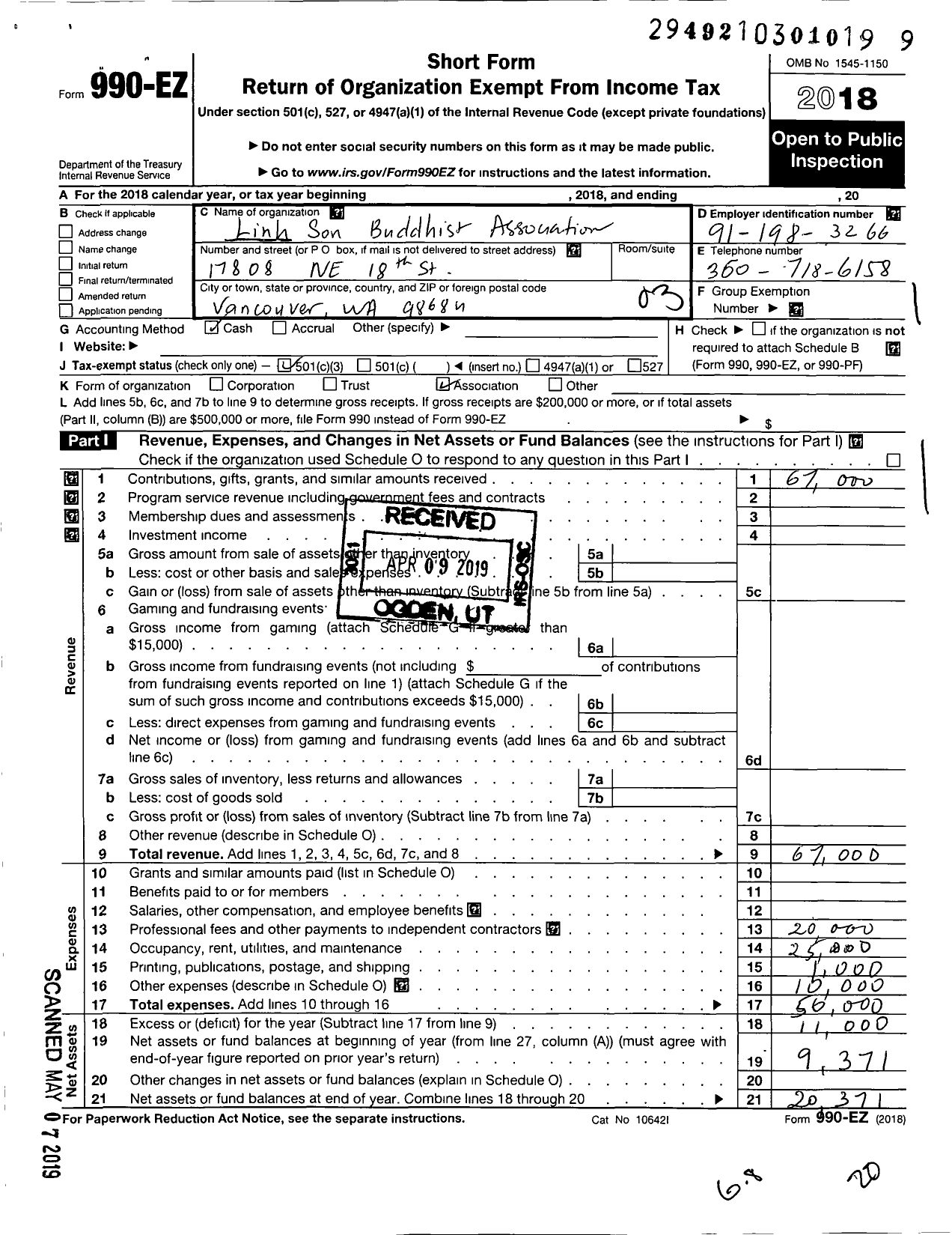 Image of first page of 2018 Form 990EZ for Linh Son Buddhist Association Buu Hung Monastery