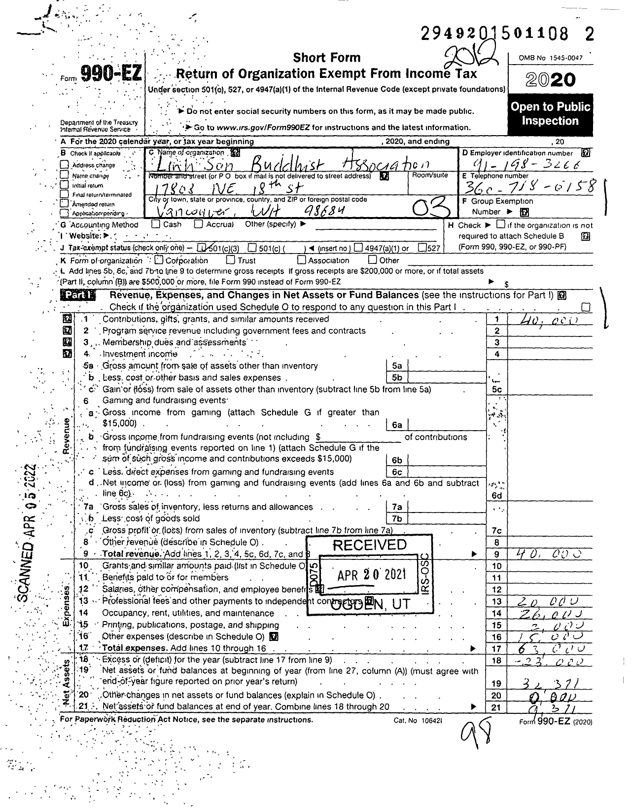 Image of first page of 2020 Form 990EZ for Linh Son Buddhist Association Buu Hung Monastery