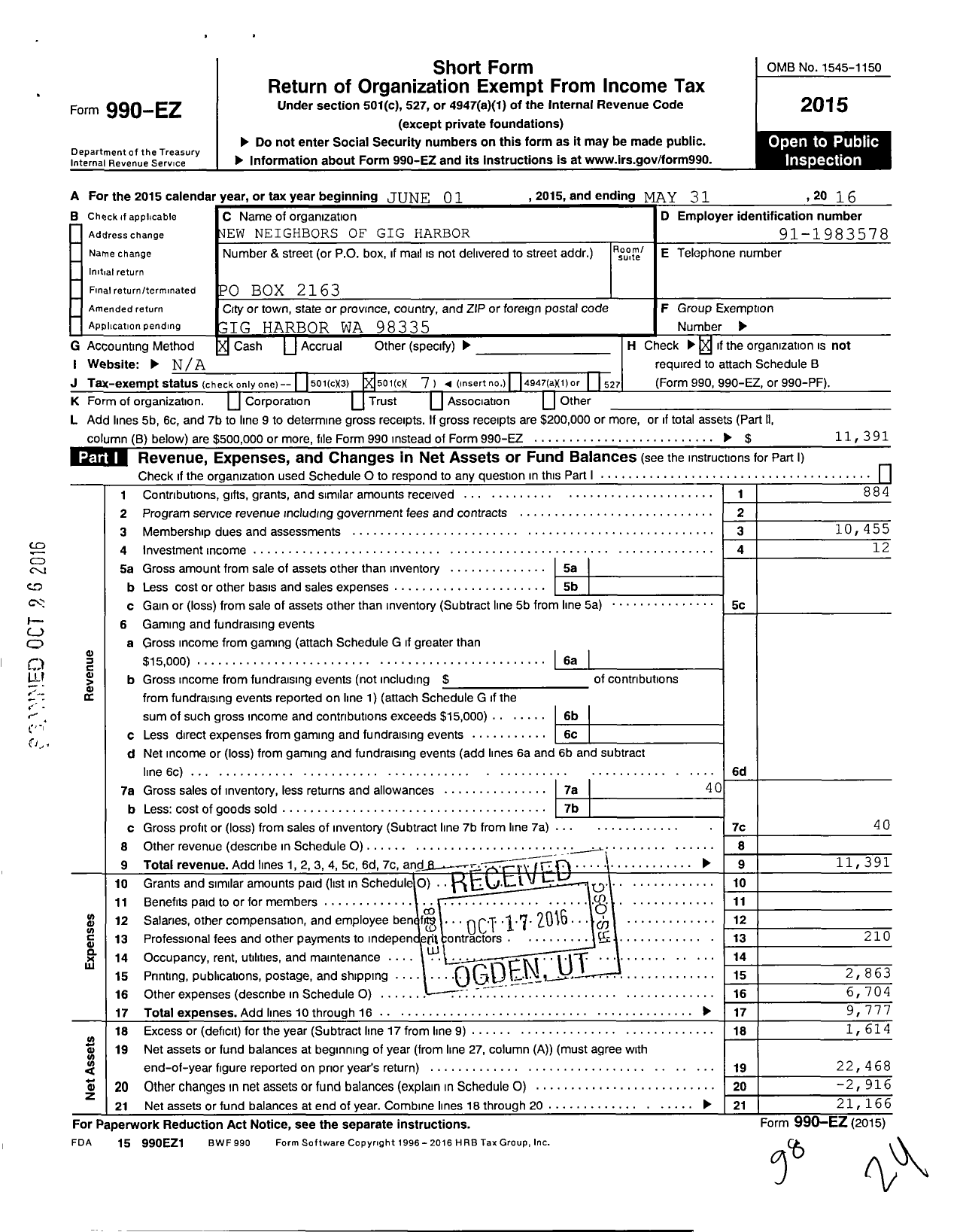 Image of first page of 2015 Form 990EO for New Neighbors of Gig Harbor