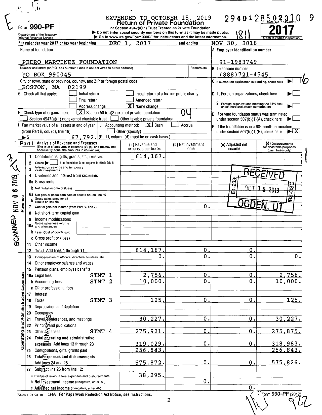 Image of first page of 2017 Form 990PF for Pedro Martinez Foundation