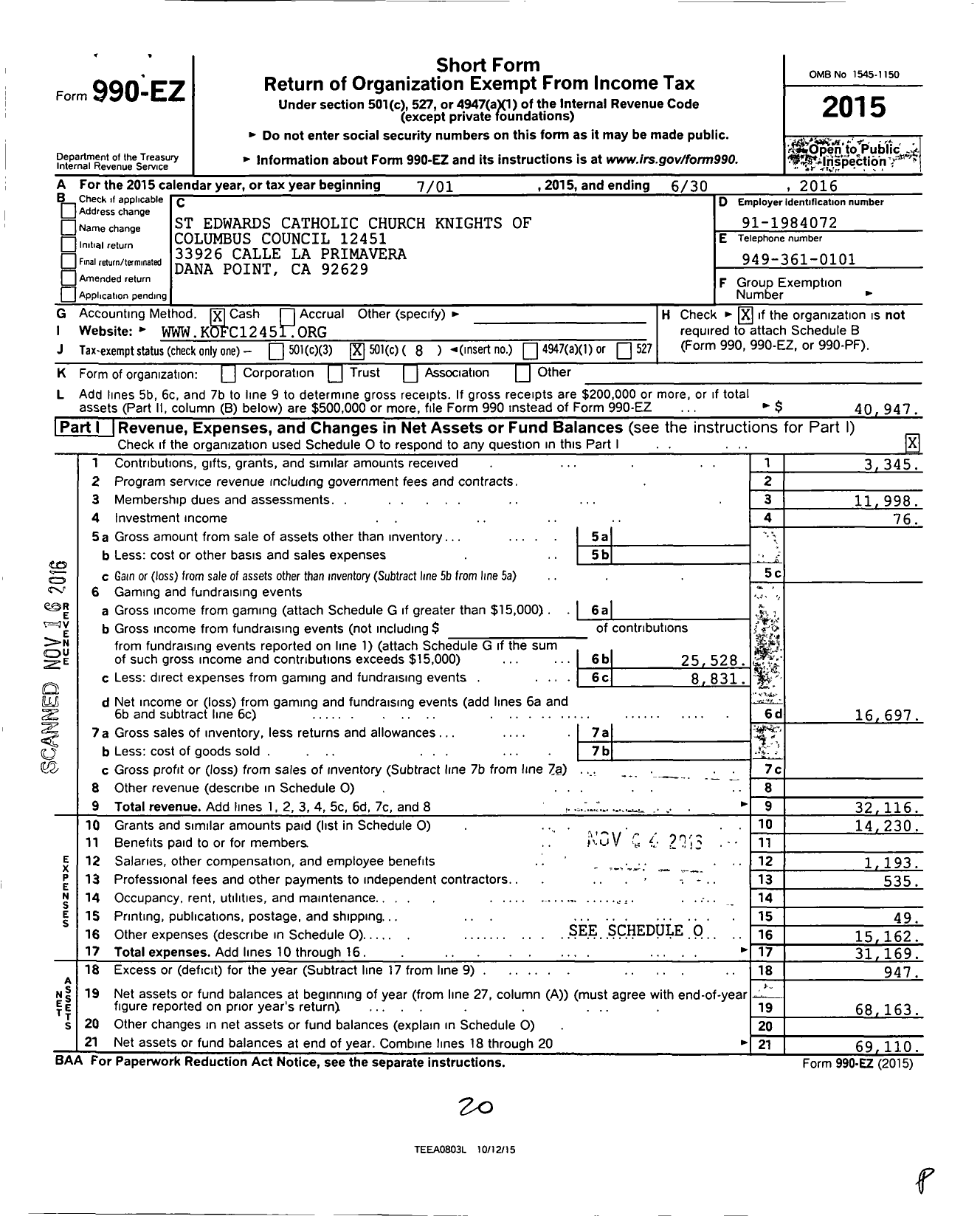 Image of first page of 2015 Form 990EO for Knights of Columbus - 12451 FR Louis F Knight Council