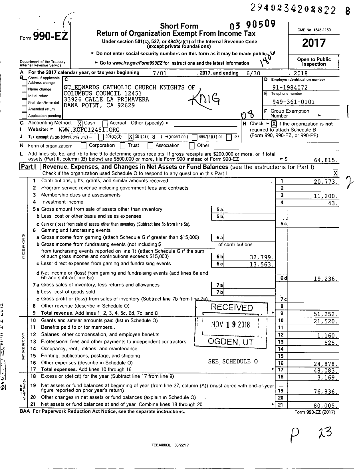 Image of first page of 2017 Form 990EO for Knights of Columbus - 12451 FR Louis F Knight Council