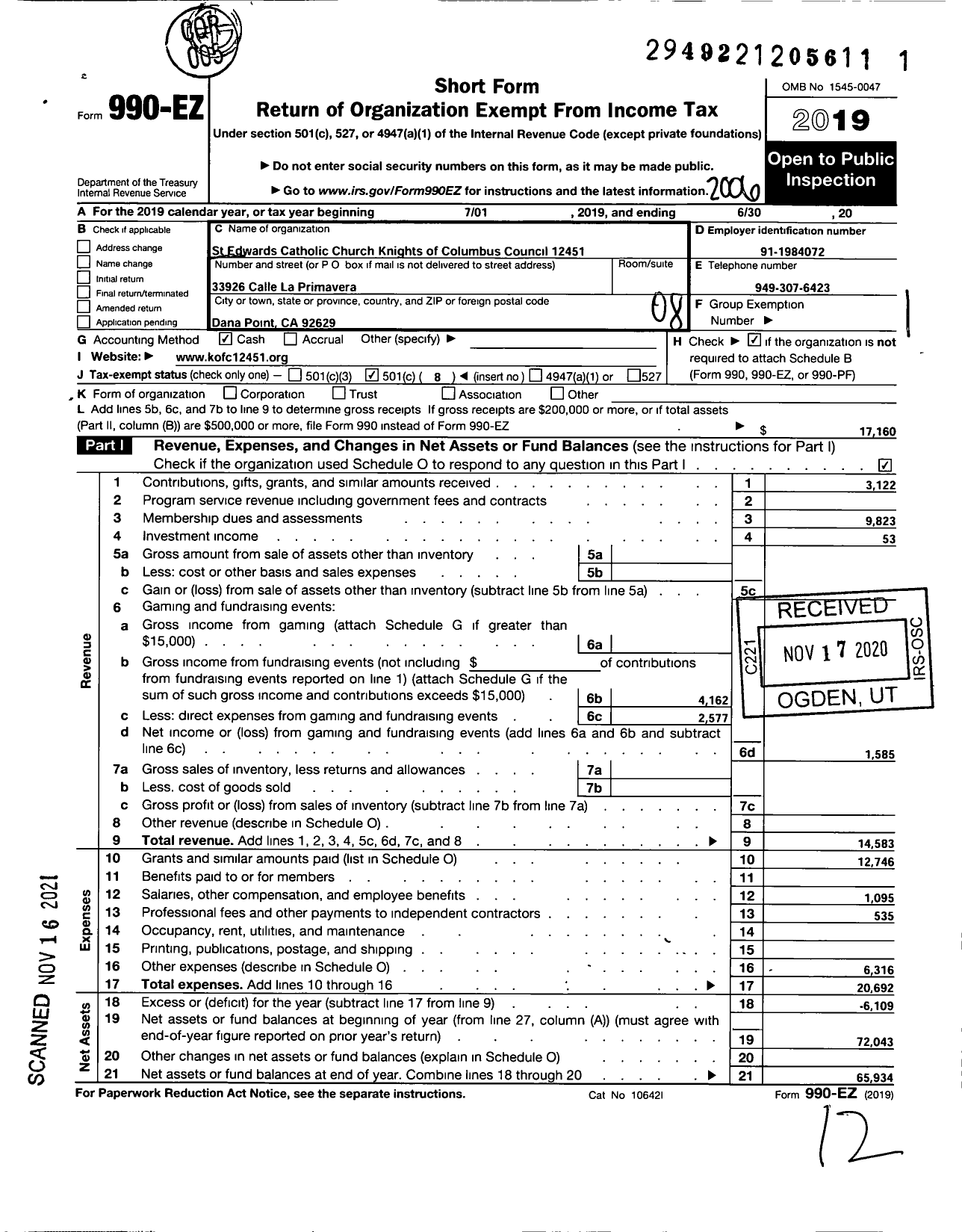 Image of first page of 2019 Form 990EO for Knights of Columbus - 12451 FR Louis F Knight Council