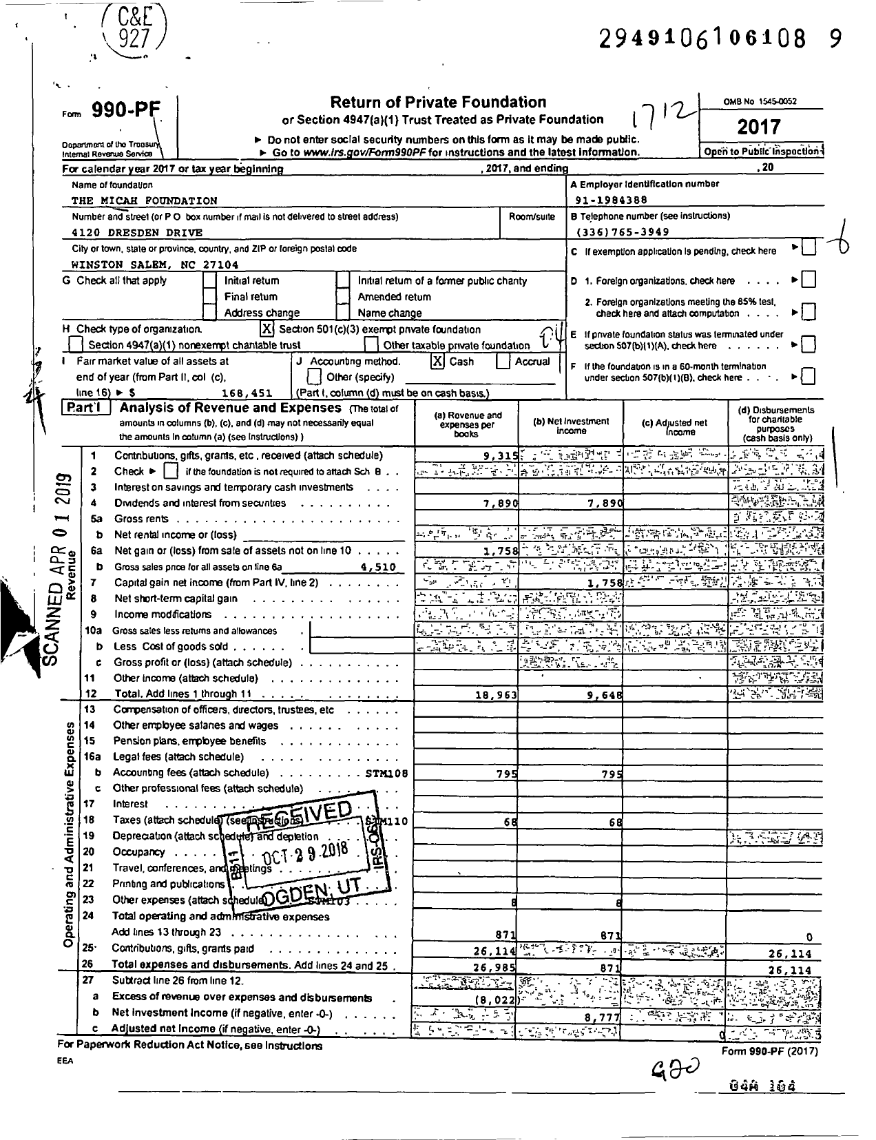 Image of first page of 2017 Form 990PF for The Micah Foundation