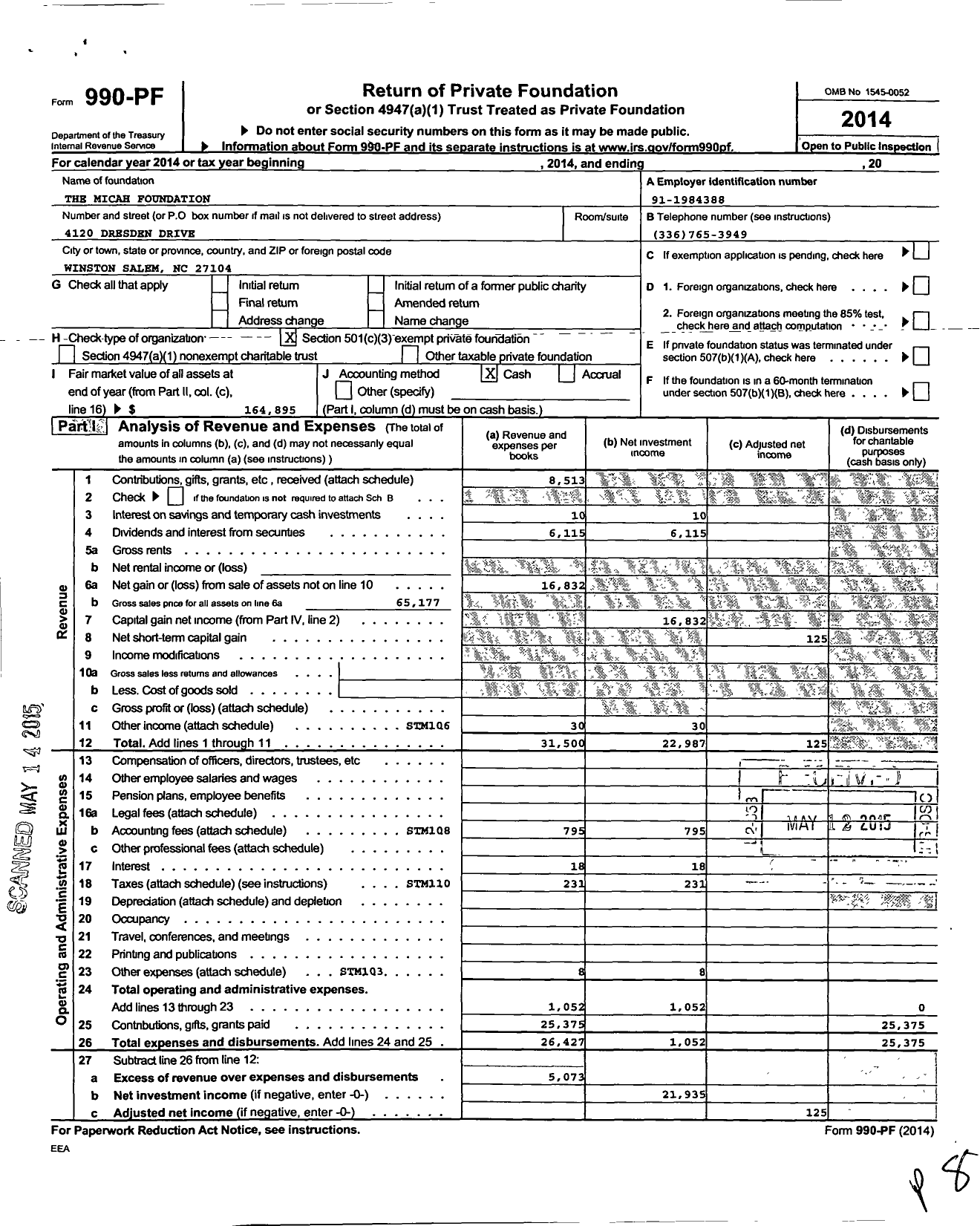 Image of first page of 2014 Form 990PF for The Micah Foundation