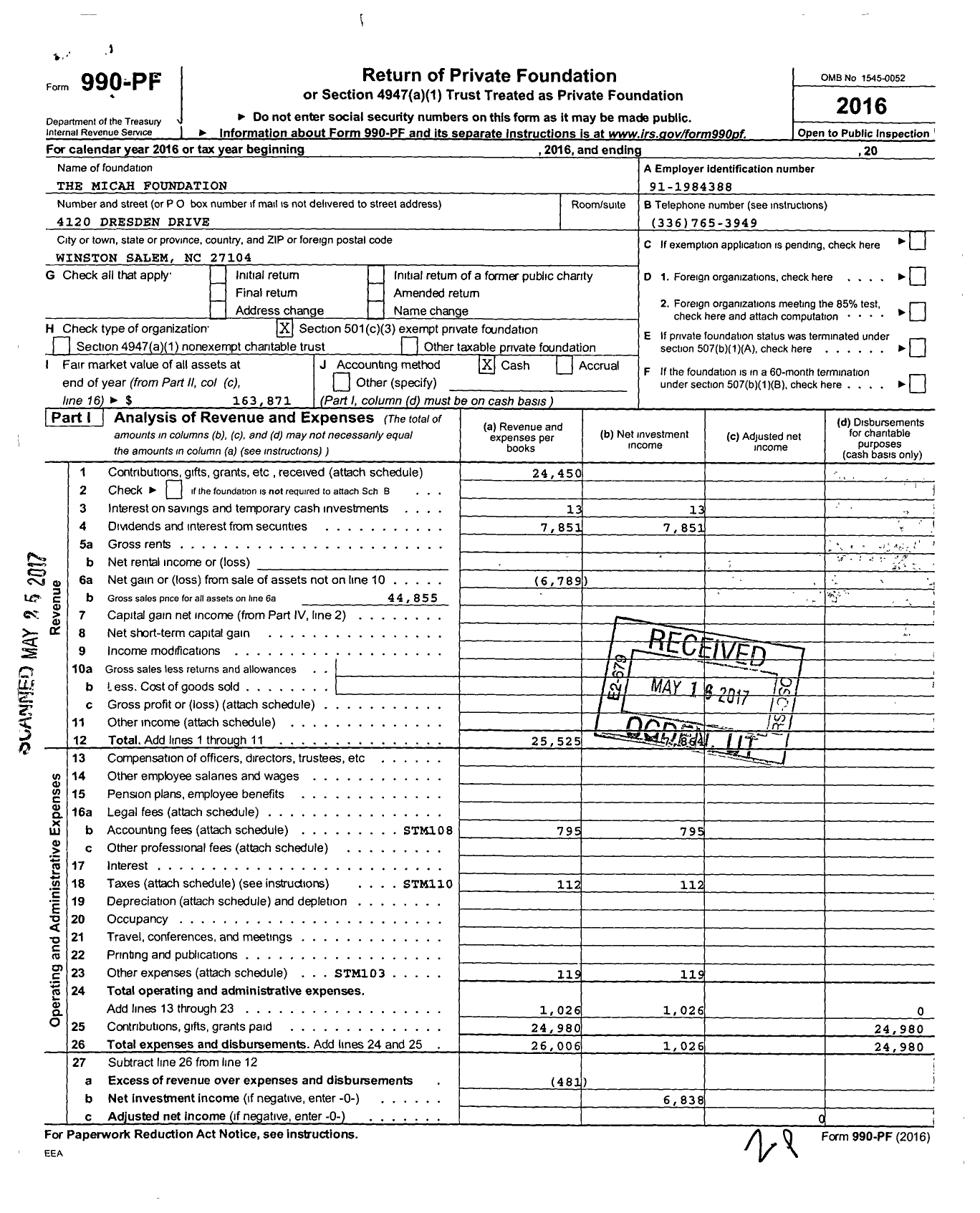 Image of first page of 2016 Form 990PF for The Micah Foundation