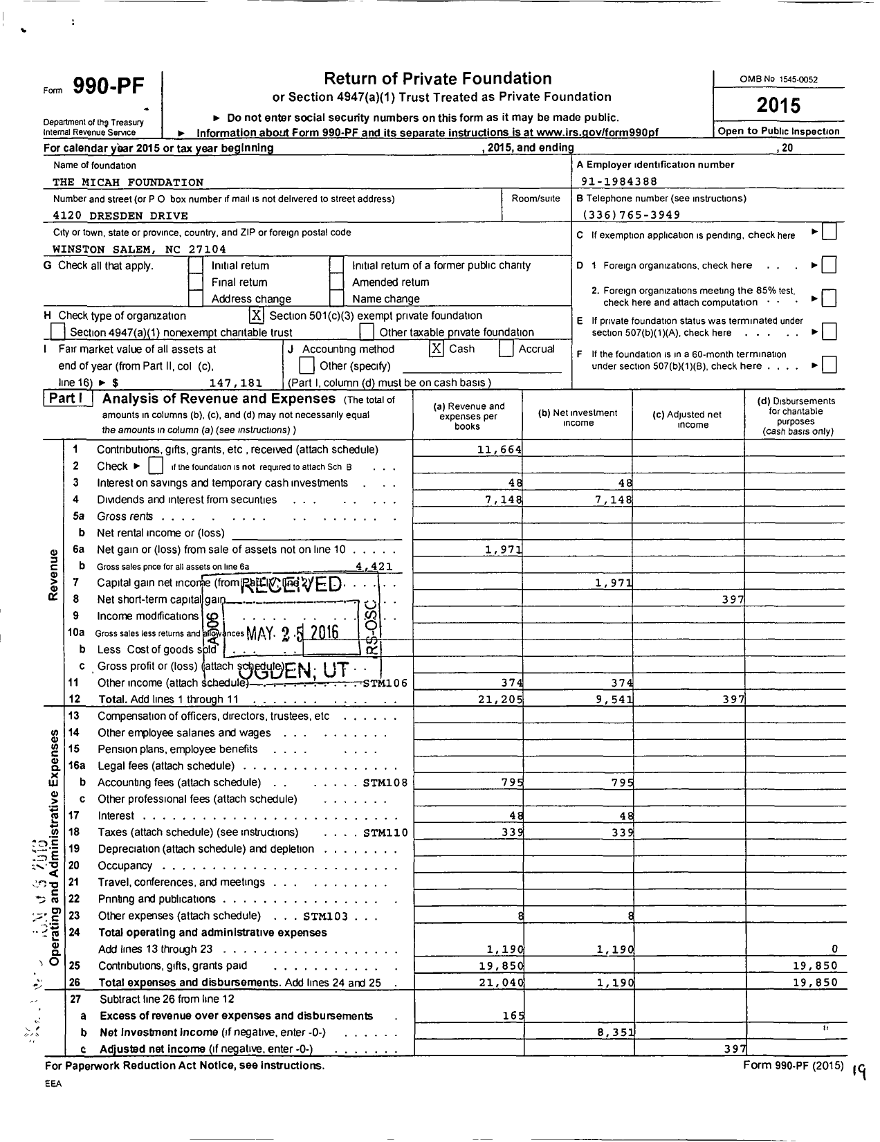 Image of first page of 2015 Form 990PF for The Micah Foundation