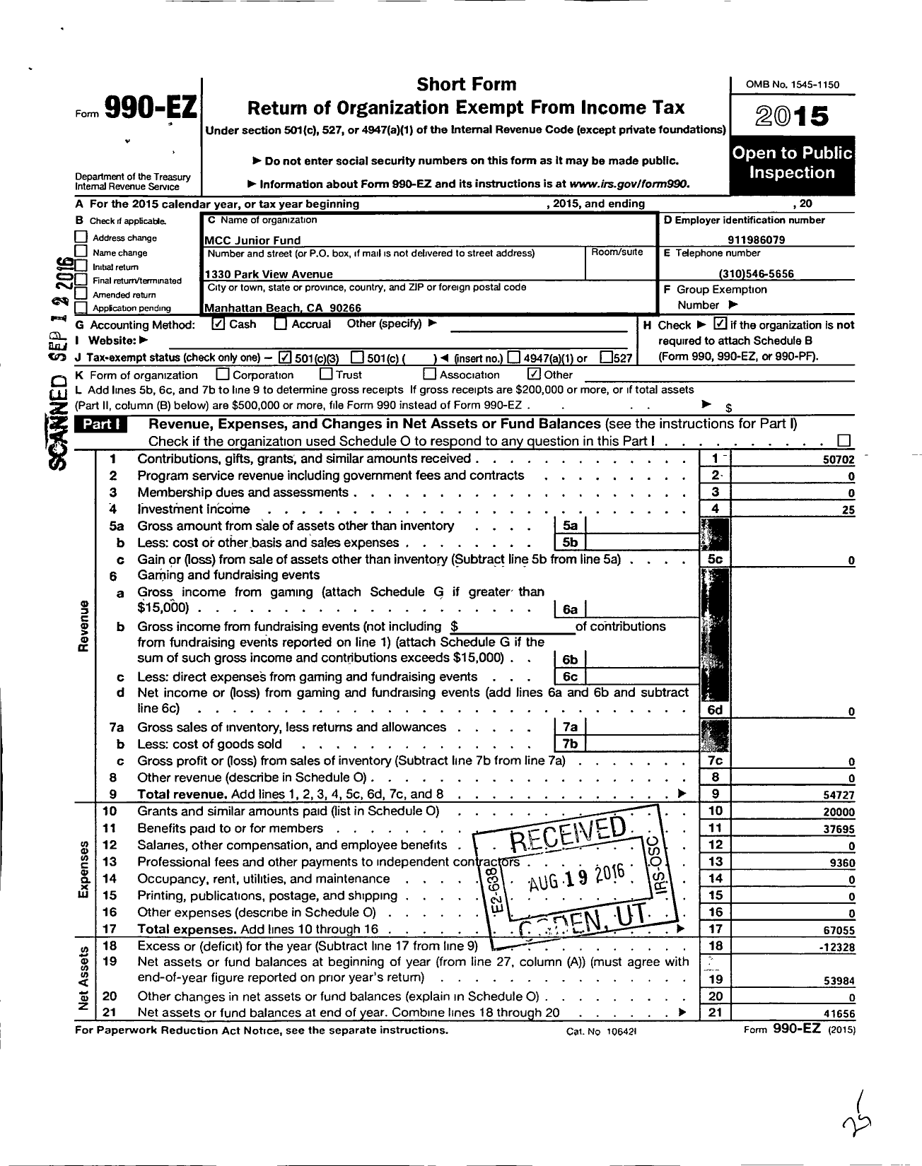 Image of first page of 2015 Form 990EZ for Manhattan Country Club Junior Fund