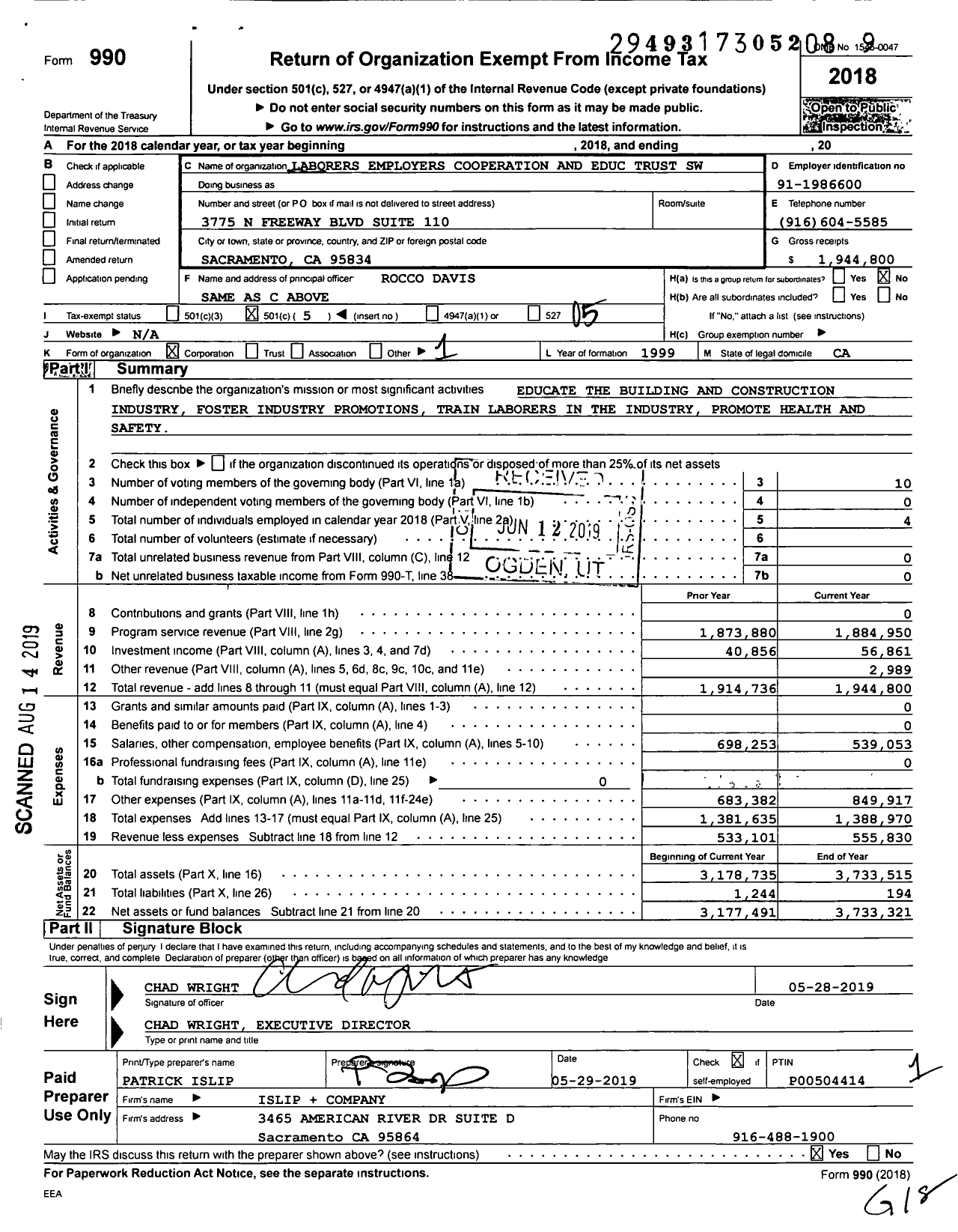 Image of first page of 2018 Form 990O for Laborers Employers Cooperation and Educ Trust SW