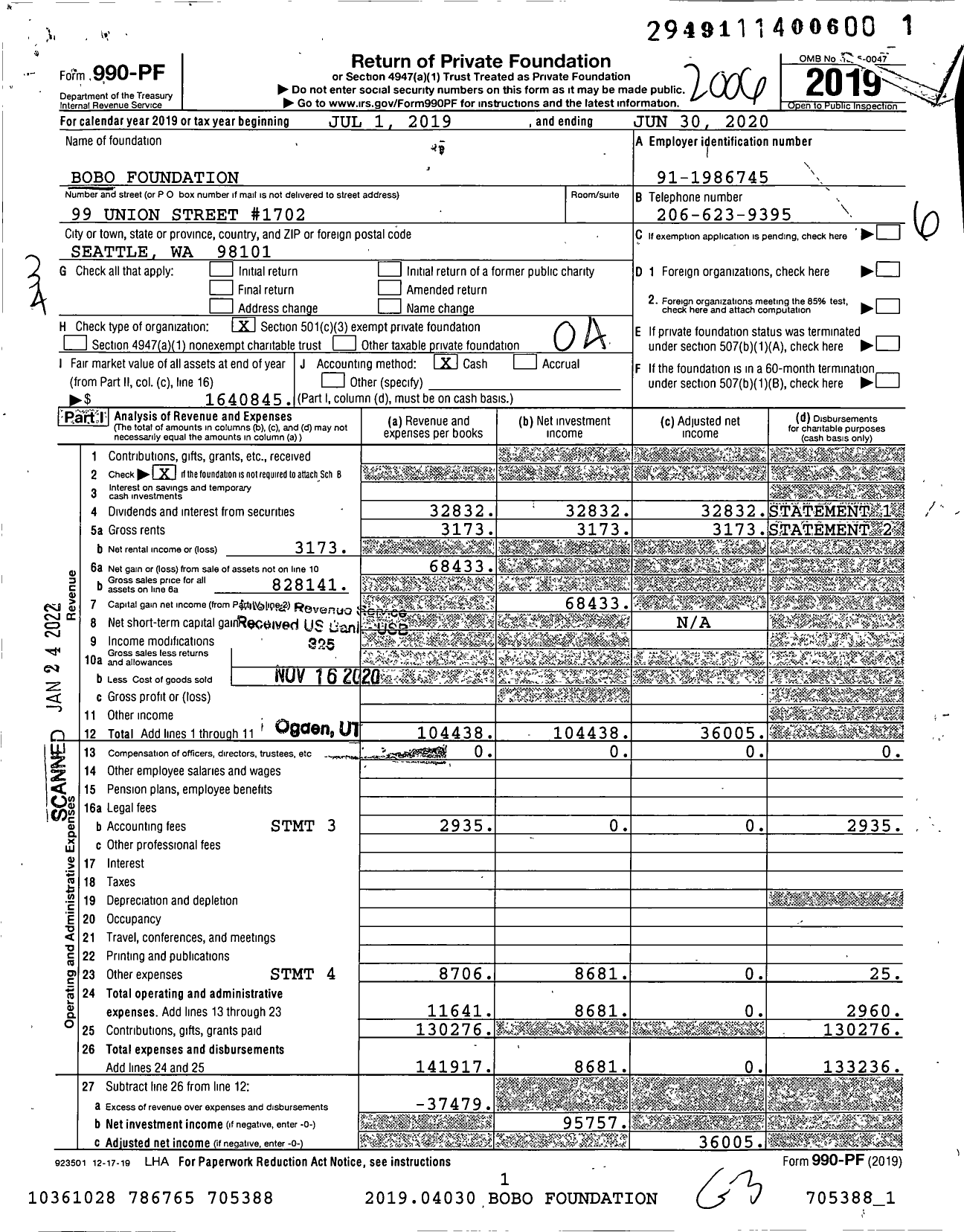 Image of first page of 2019 Form 990PF for Bobo Foundation