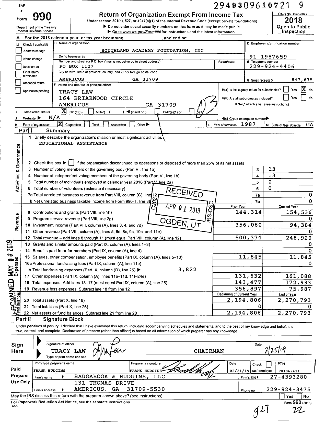 Image of first page of 2018 Form 990 for Southland Academy Foundation