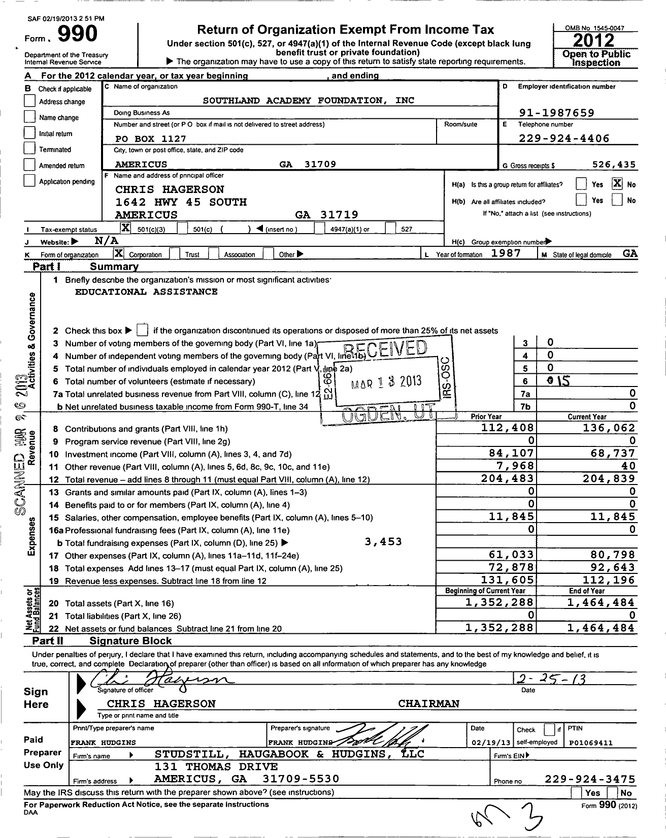 Image of first page of 2012 Form 990 for Southland Academy Foundation
