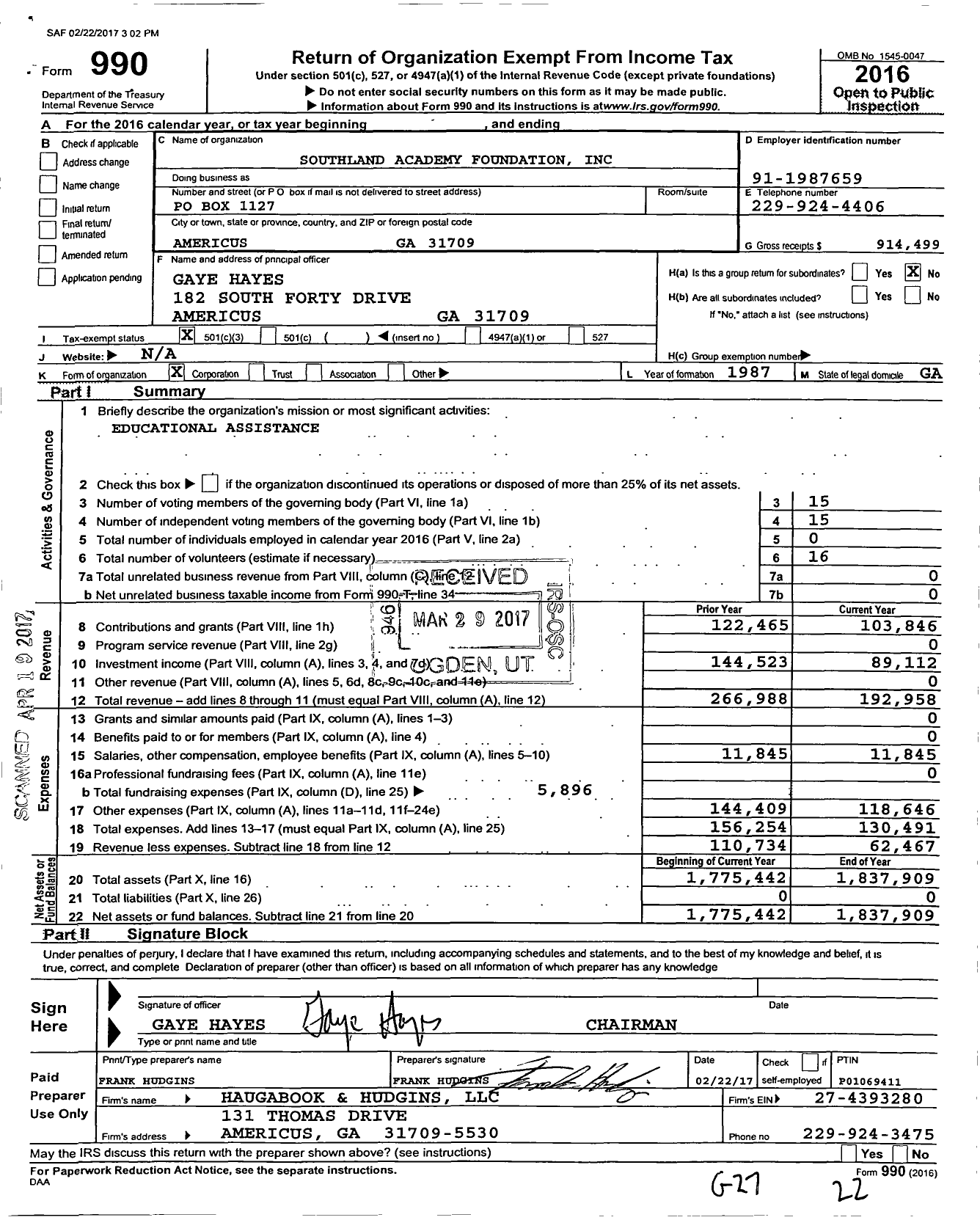 Image of first page of 2016 Form 990 for Southland Academy Foundation