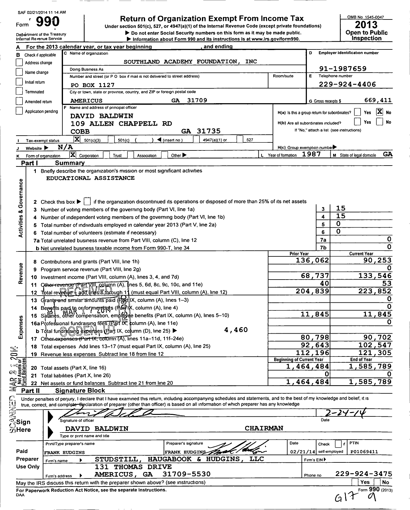 Image of first page of 2013 Form 990 for Southland Academy Foundation