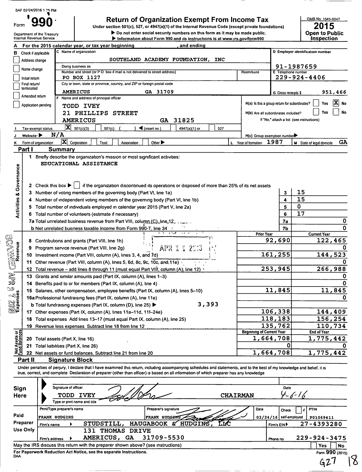 Image of first page of 2015 Form 990 for Southland Academy Foundation