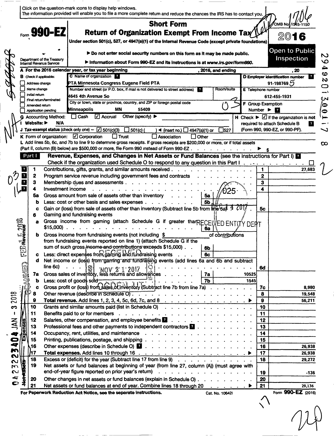 Image of first page of 2016 Form 990EZ for Eugene Field PTA