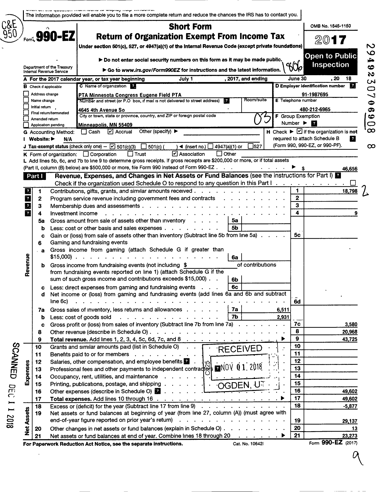 Image of first page of 2017 Form 990EZ for Eugene Field PTA