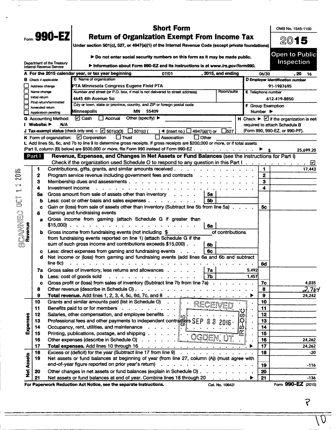 Image of first page of 2015 Form 990EZ for Eugene Field PTA