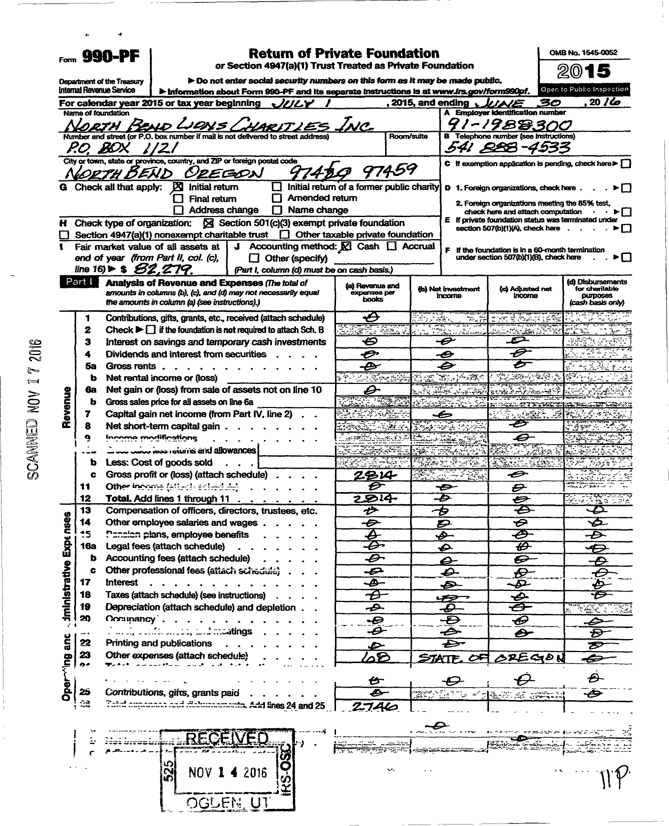 Image of first page of 2015 Form 990PF for Coos Bay Lions Charities