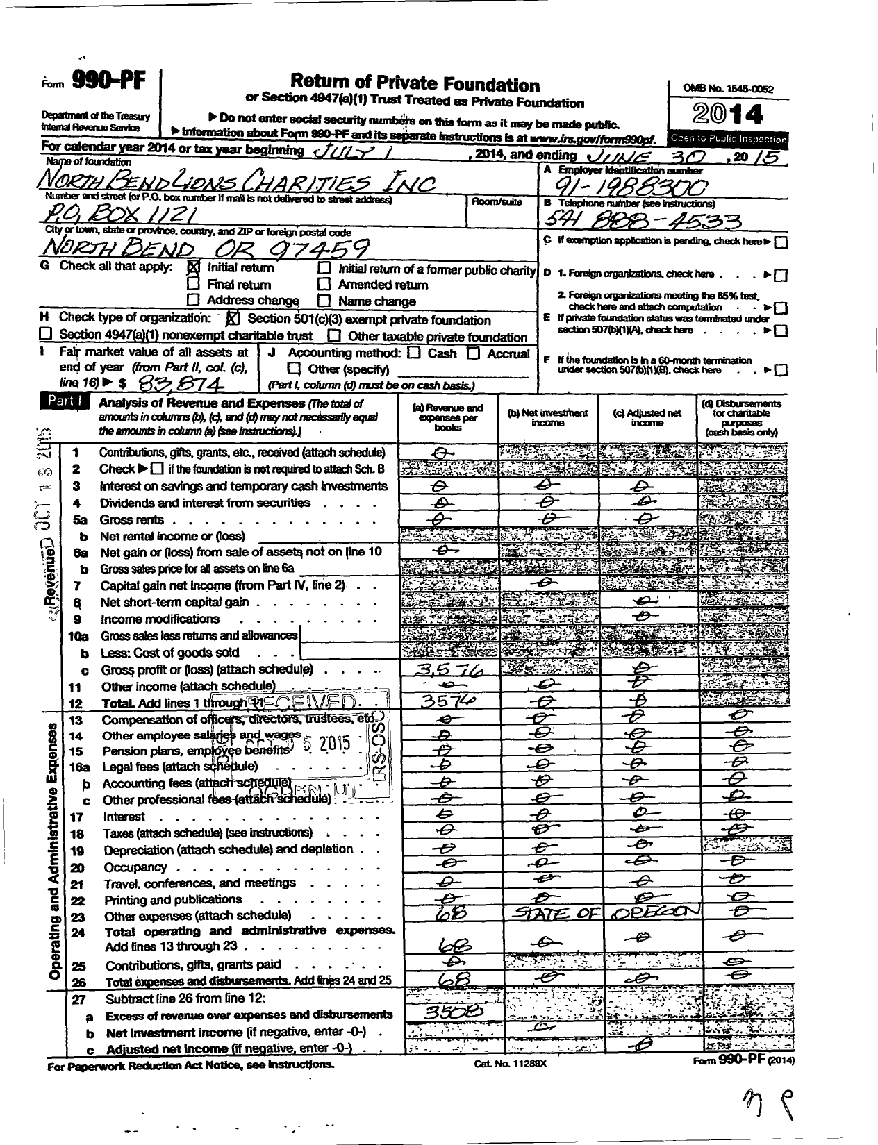 Image of first page of 2014 Form 990PF for Coos Bay Lions Charities