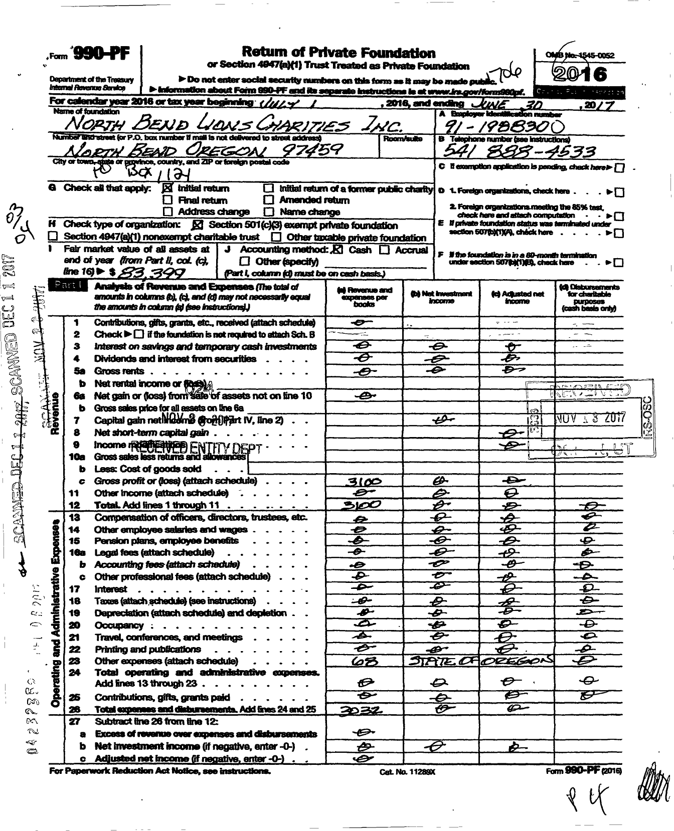 Image of first page of 2016 Form 990PF for Coos Bay Lions Charities