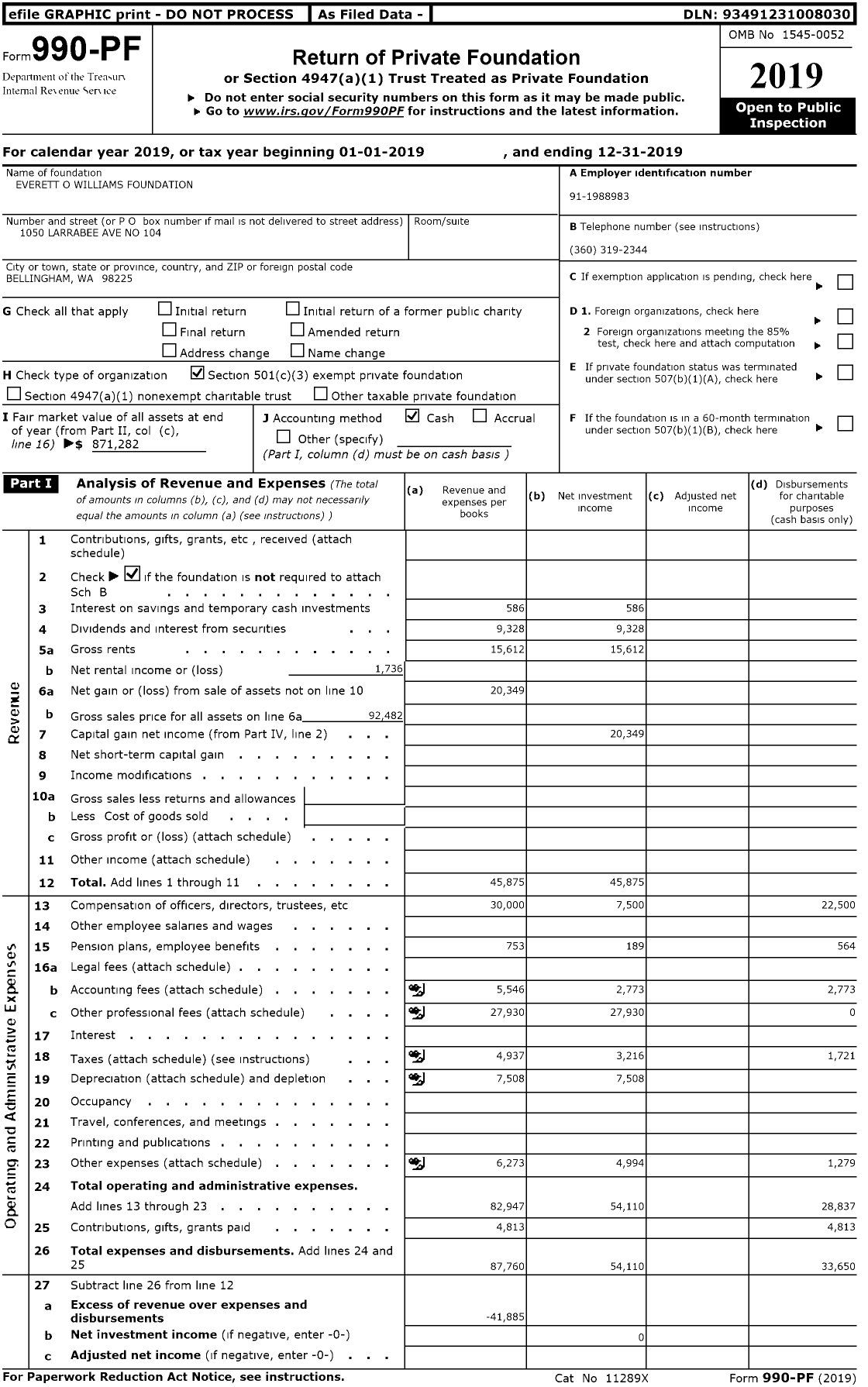 Image of first page of 2019 Form 990PR for Everett O Williams Foundation