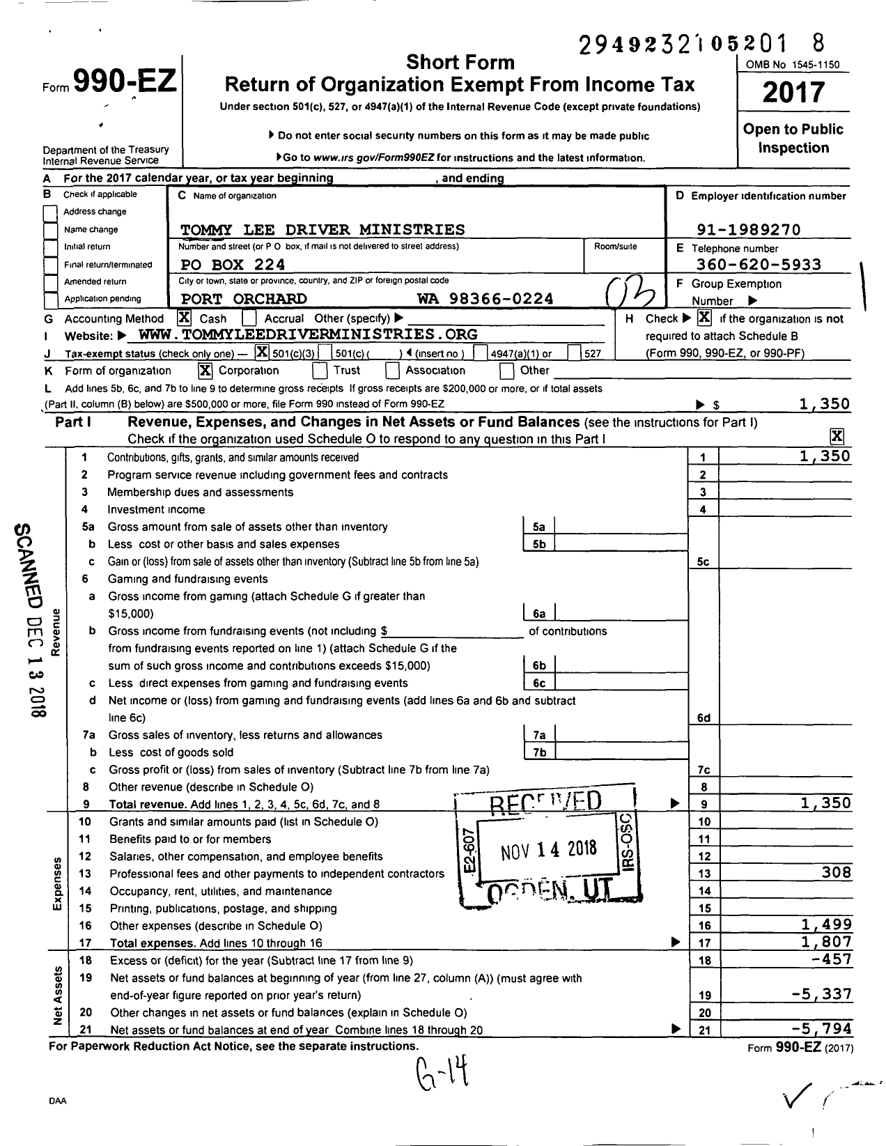 Image of first page of 2017 Form 990EZ for Tommy Lee Driver Ministries