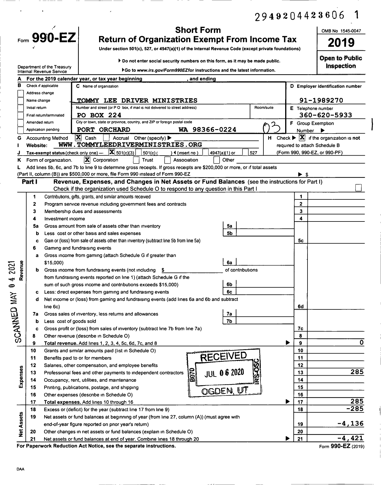 Image of first page of 2019 Form 990EZ for Tommy Lee Driver Ministries