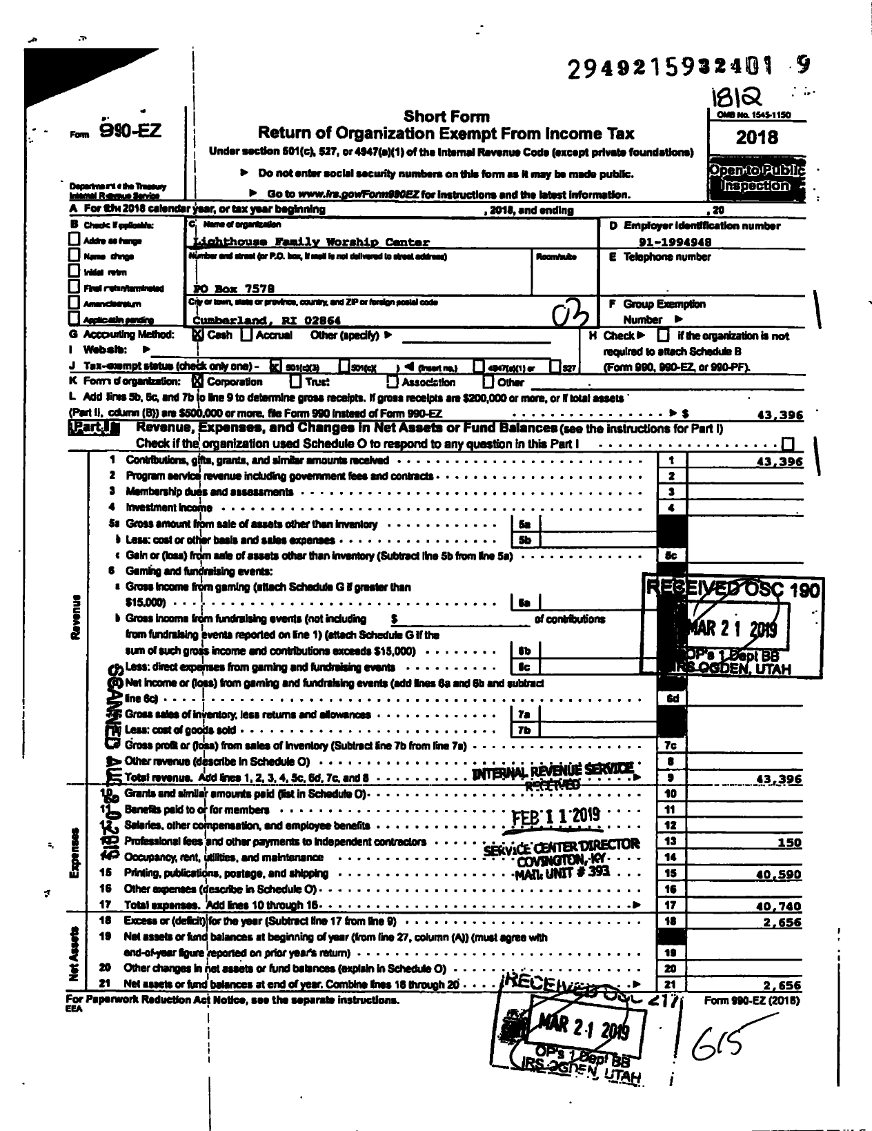 Image of first page of 2018 Form 990EZ for Lighthouse Family Worship Center